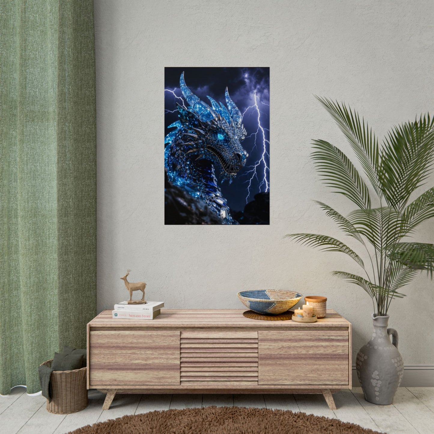 Blue Lightning Dragon Poster — Fantasy Wall Art Rolled Poster
