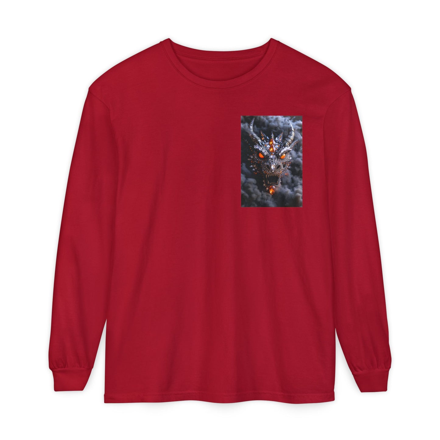 Long Sleeve T‑Shirt — Smoky Dragon Chest Print, Spooky Autumn Graphic