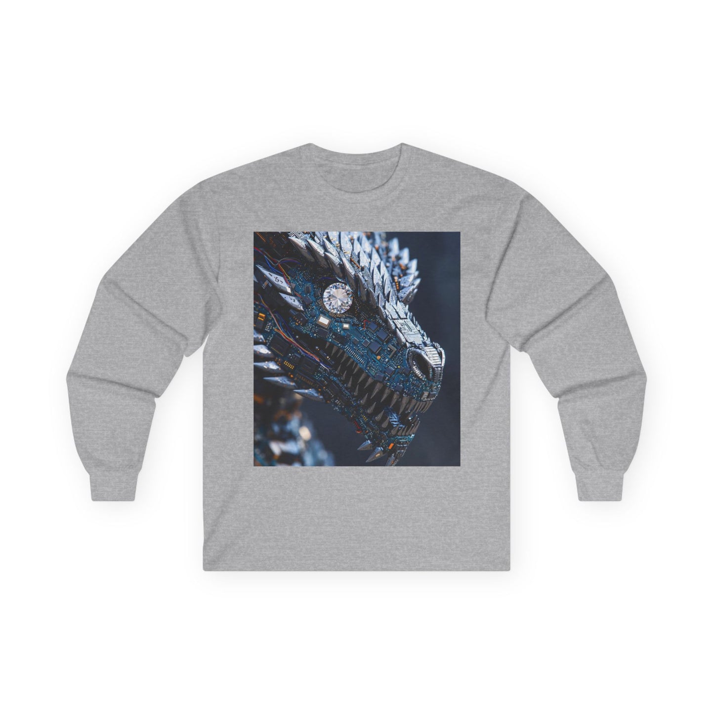 Dragon Head Graphic Long Sleeve Tee — Metallic Fantasy Artwork