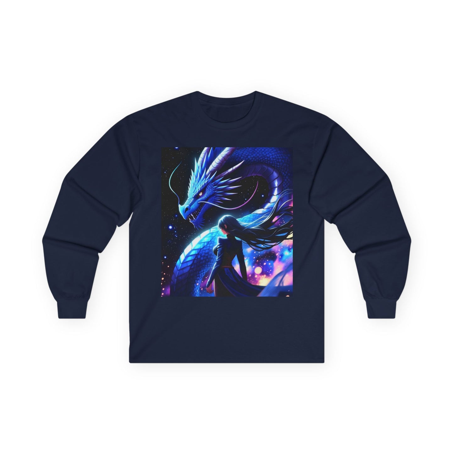 Dragon Spirit Long Sleeve Tee — Mystical Blue Anime Silhouette