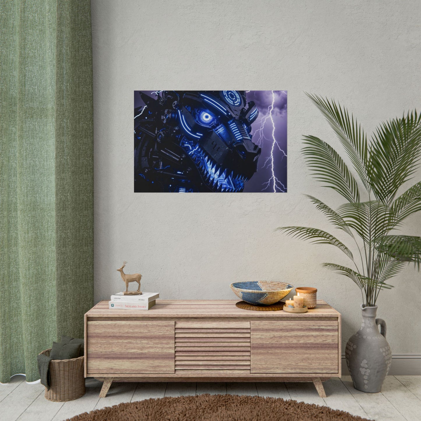 CyberDragon Storm Poster — Futuristic Mech Wolf Art Print (Rolled Poster)
