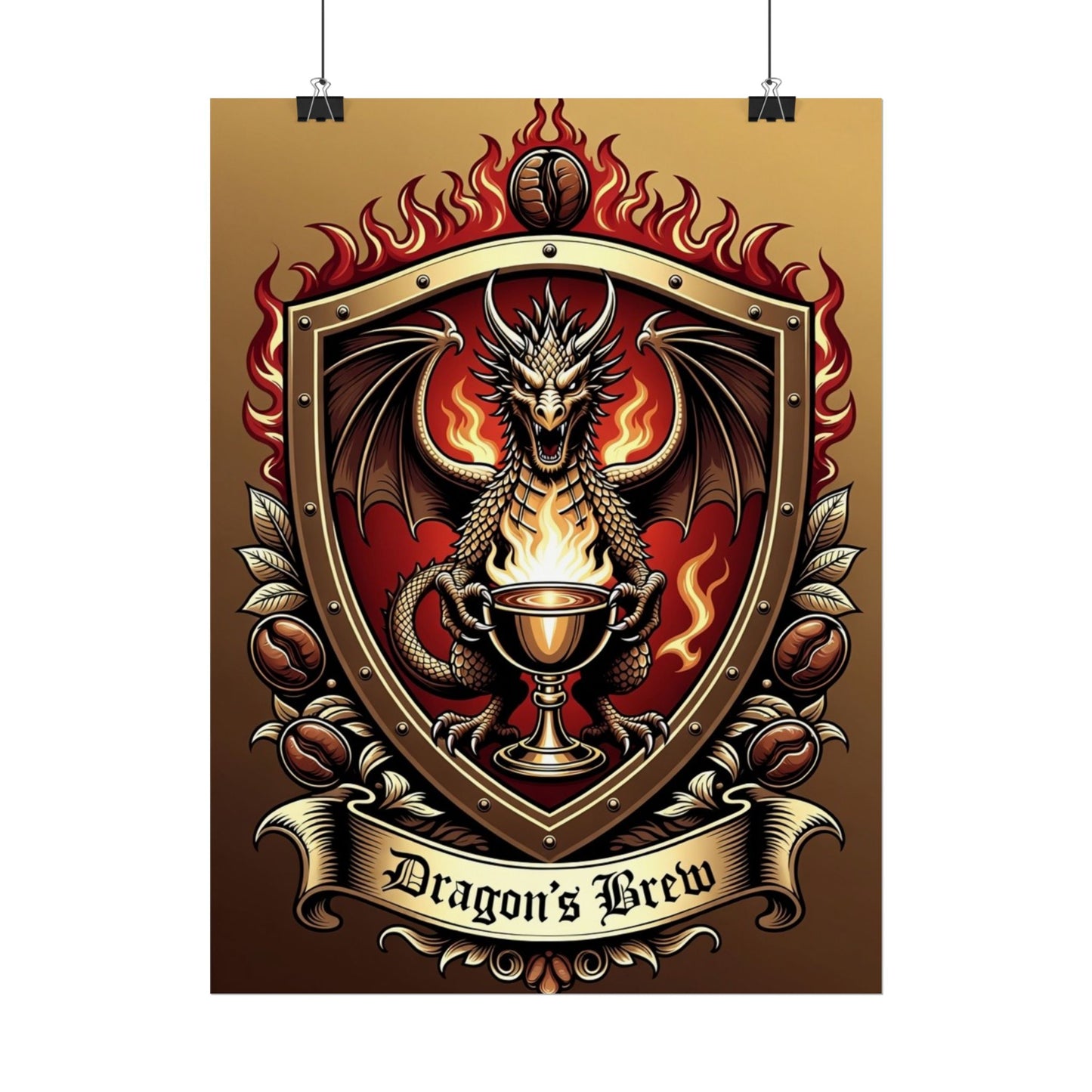 Dragon's Brew Poster — Fantasy Dragon Shield Artwork Rolled Poster