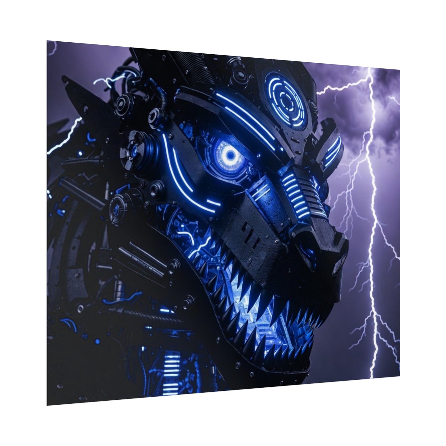 CyberDragon Storm Poster — Futuristic Mech Wolf Art Print (Rolled Poster)