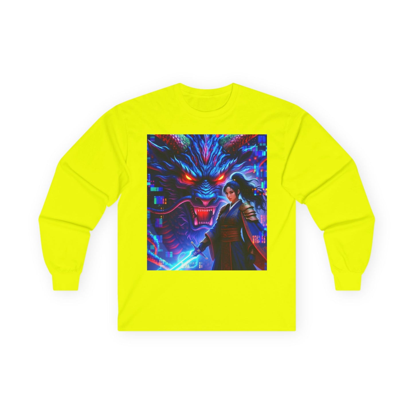 Long Sleeve Tee — Neon Samurai Wolf Art Graphic Shirt