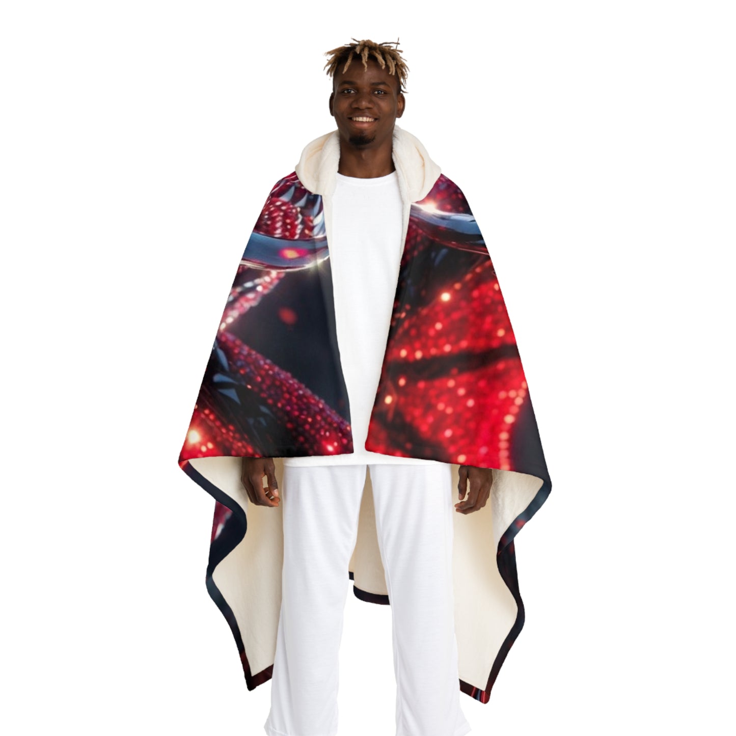 Holiday Sparkle Hooded Sherpa Blanket — Red Glitter Ribbon Cozy Throw