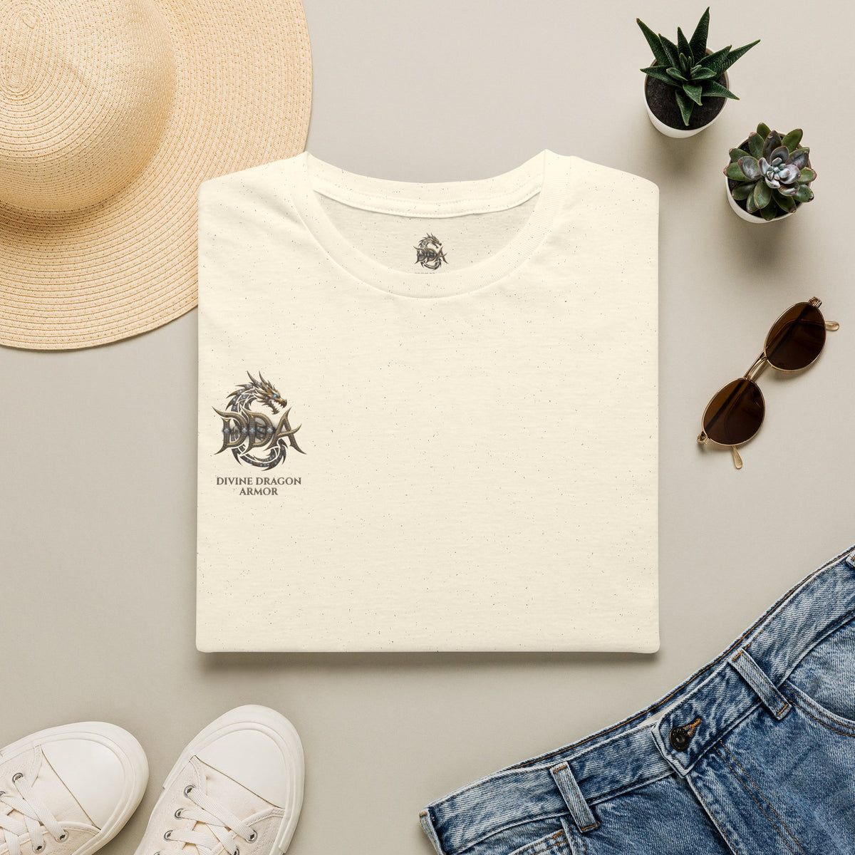 DDA DIVINE DRAGON ARMOR T-Shirt — Golden Dragon Emblem Chest Logo, Fantasy Gaming Fan Tee