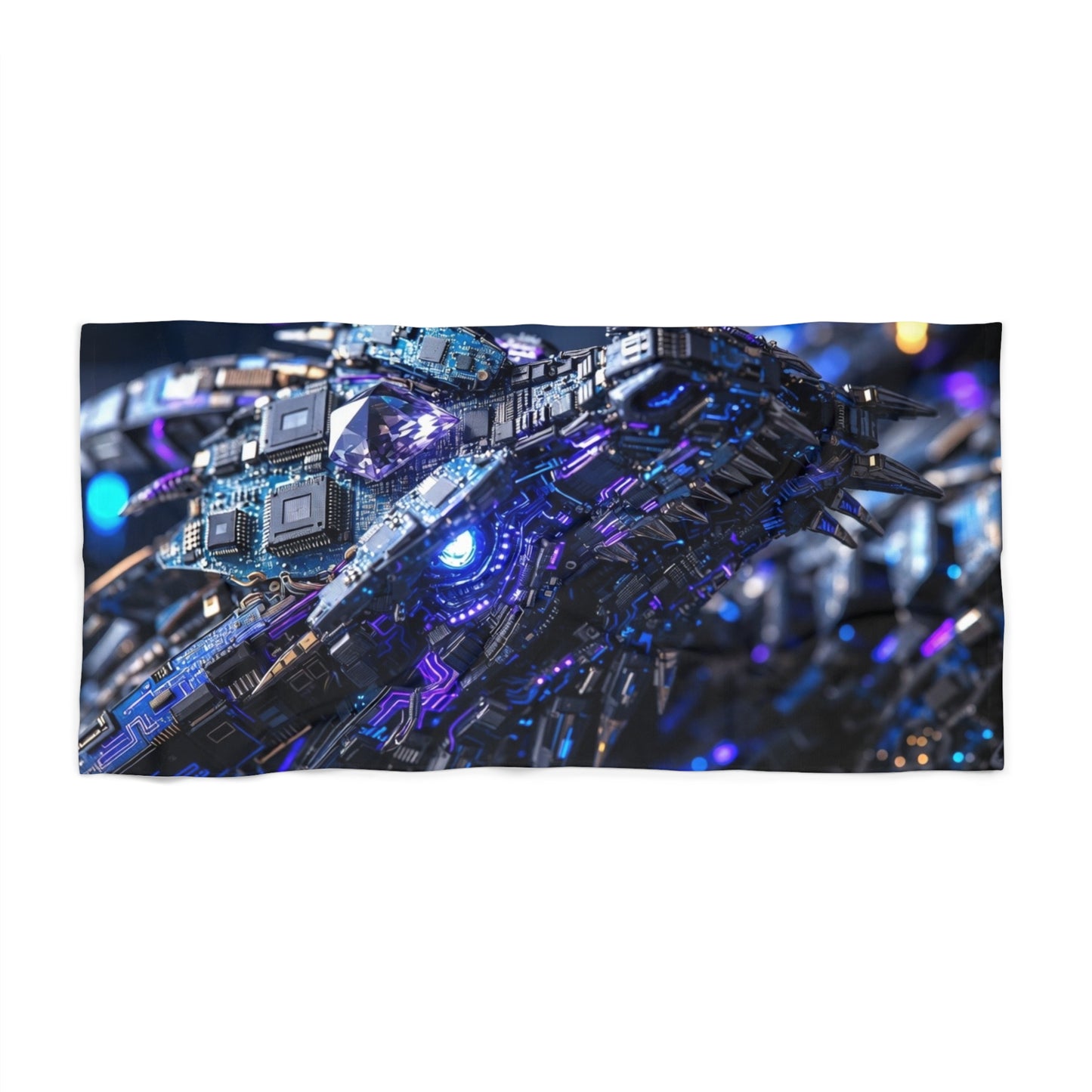 Cybernetic Dragon Beach Towel — Futuristic Blue Tech Shark Design