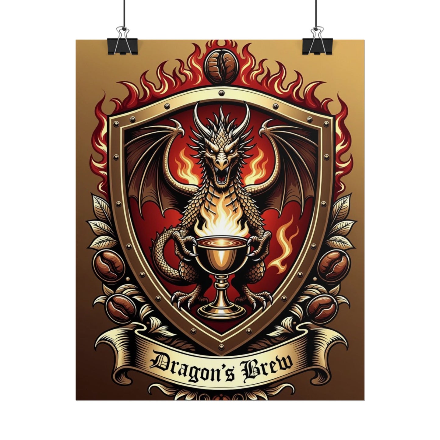 Dragon's Brew Poster — Fantasy Dragon Shield Artwork Rolled Poster