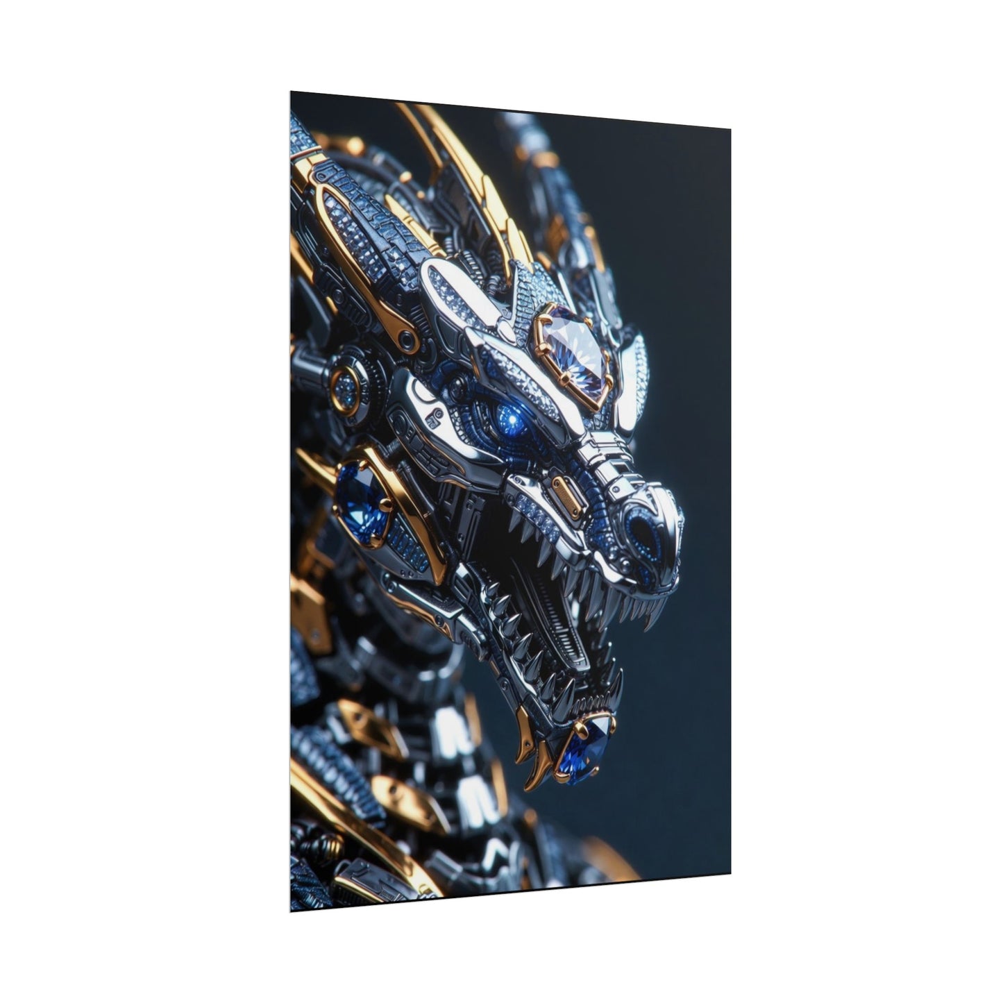 Mechanical Dragon Poster — Futuristic Gold & Blue Sci‑Fi Wall Art