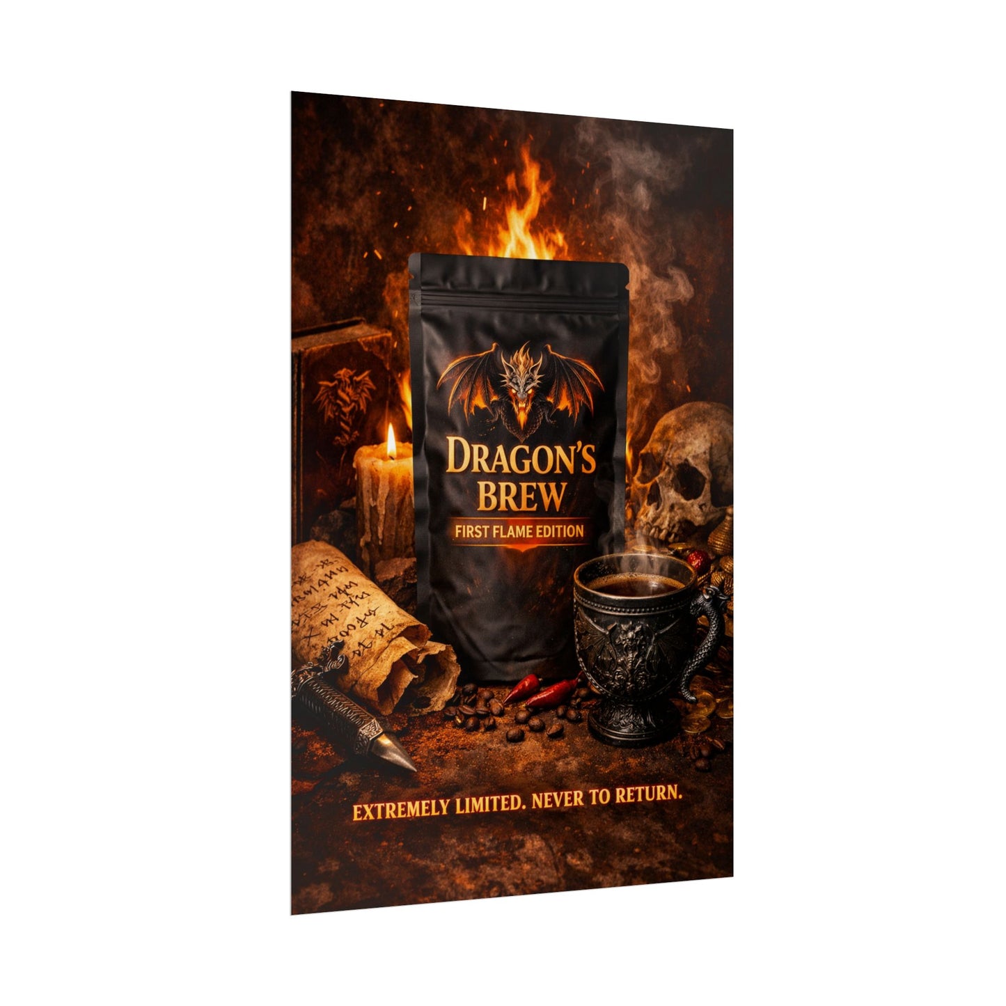 Rolled Poster — "Dragon's Brew: First Flame Edition" Fantasy Coffee Art Print