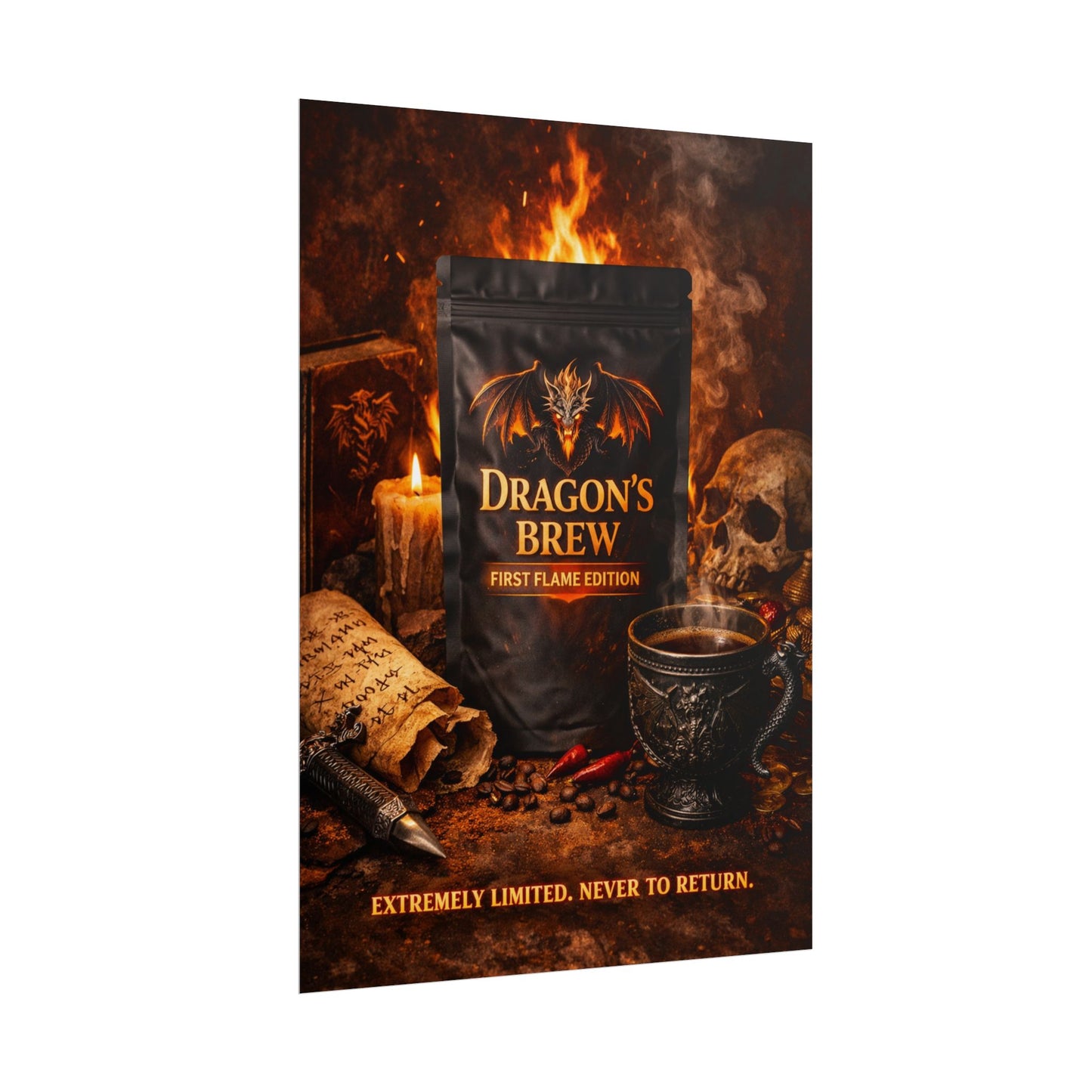 Rolled Poster — "Dragon's Brew: First Flame Edition" Fantasy Coffee Art Print