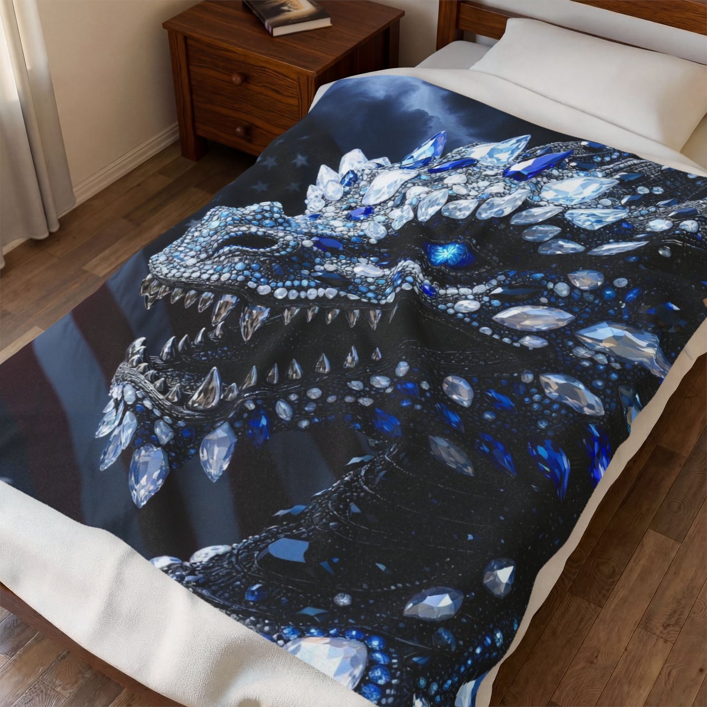 Velveteen Plush Blanket — Blue Jewel Dragon with American Flag Accent