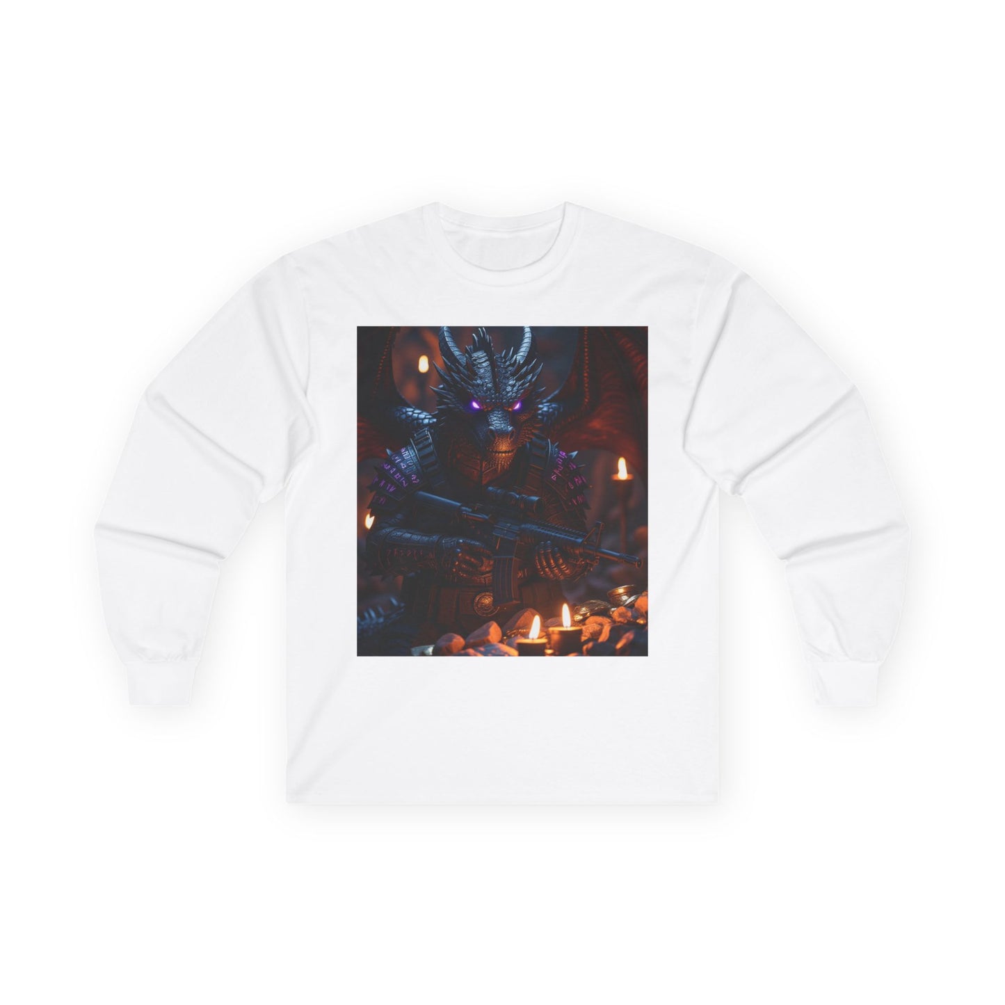 Dragon Knight Art Long Sleeve Tee — Dark Fantasy Candlelight Design