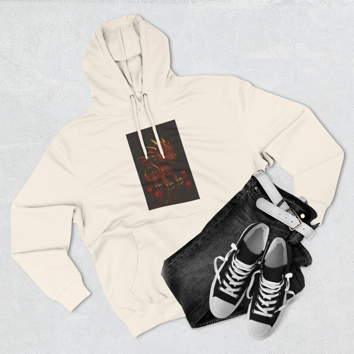 A RUBY RED Dragon Swirl Fleece Hoodie - Three-Panel Design for Fantasy Lovers
