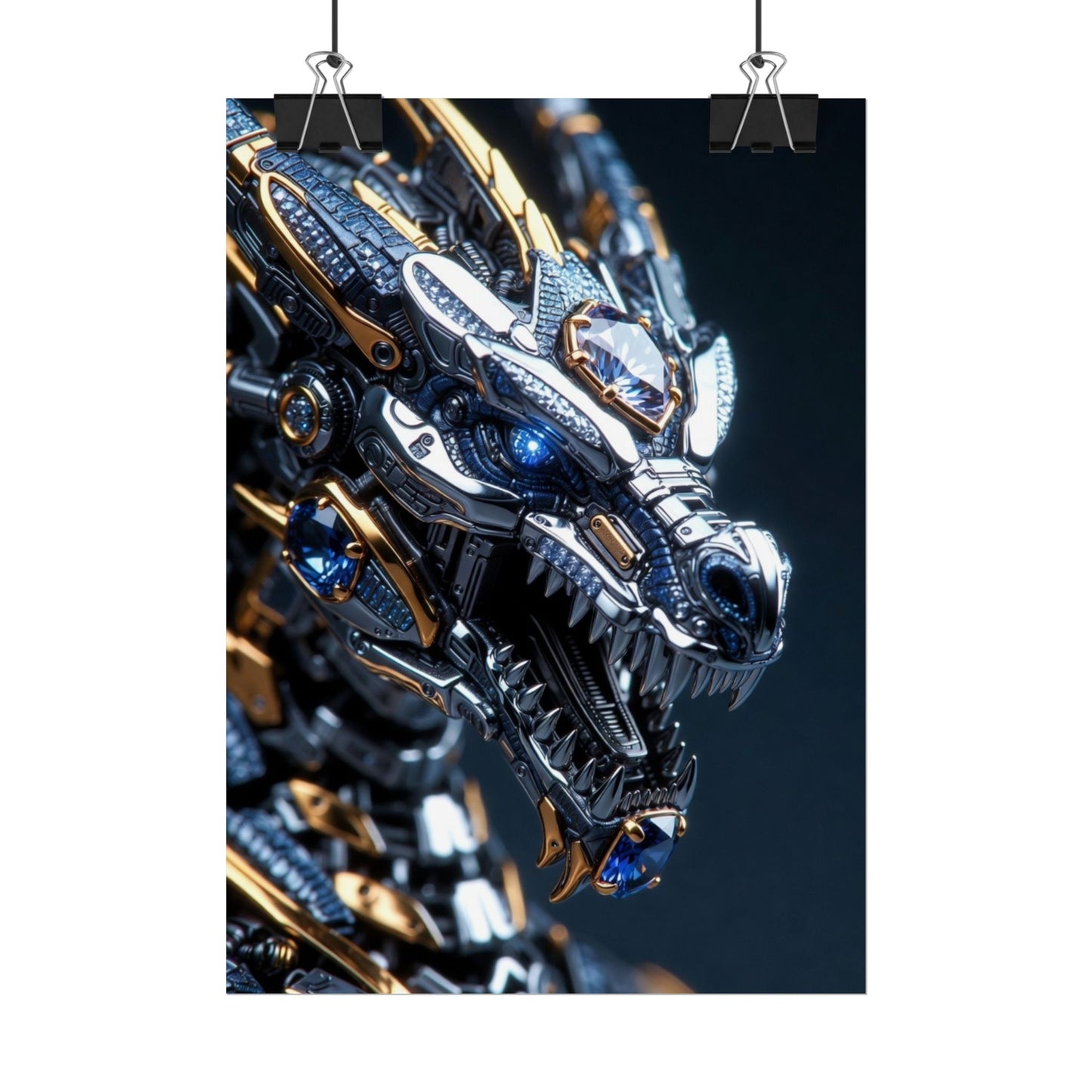 Mechanical Dragon Poster — Futuristic Gold & Blue Sci‑Fi Wall Art