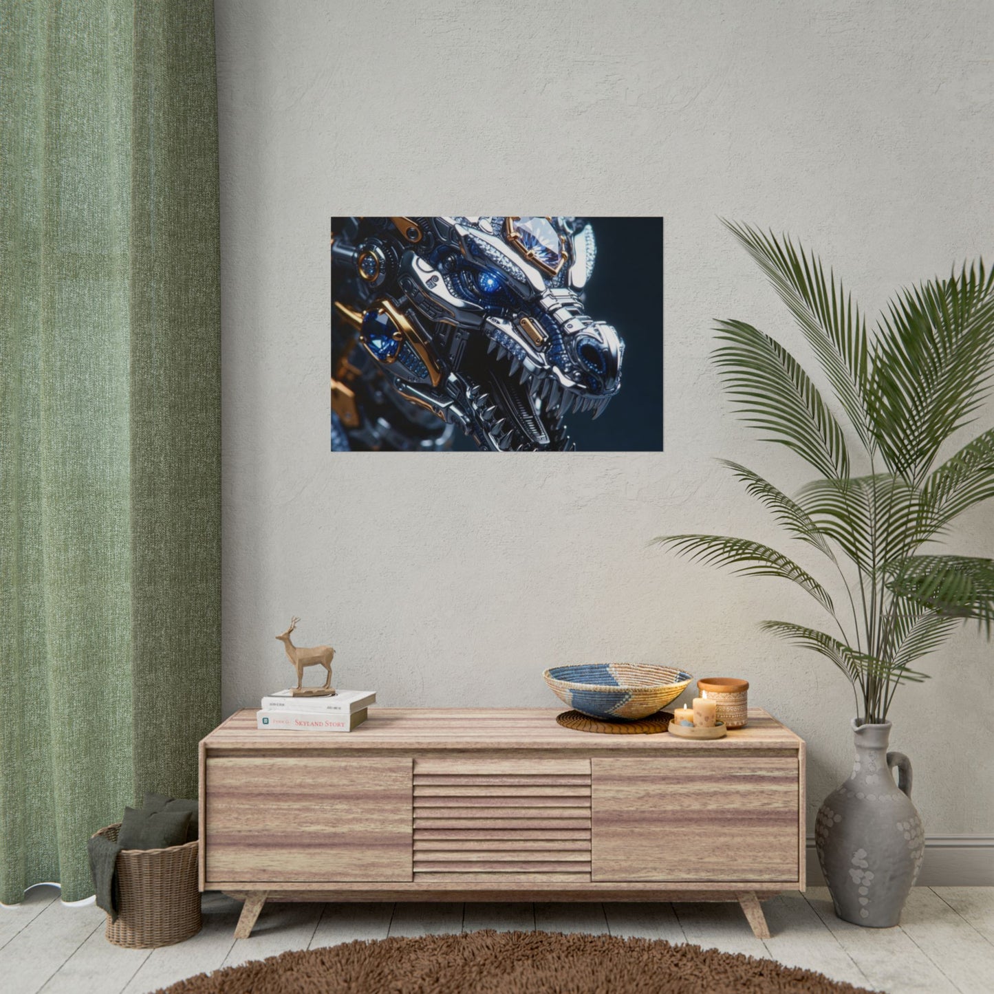 Mechanical Dragon Poster — Futuristic Gold & Blue Sci‑Fi Wall Art