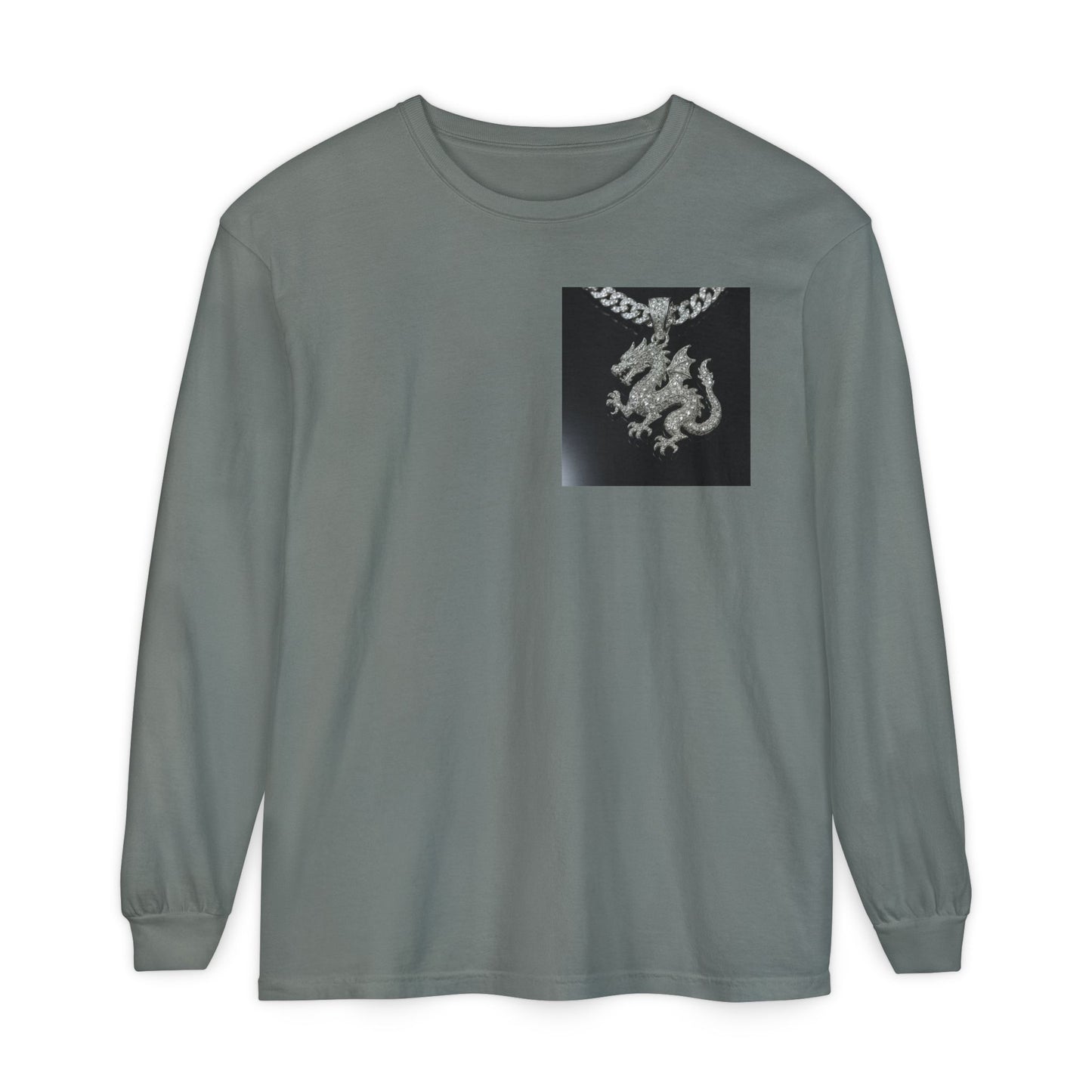 Dragon Pendant Long Sleeve T‑Shirt — Gothic Silver Chain Graphic