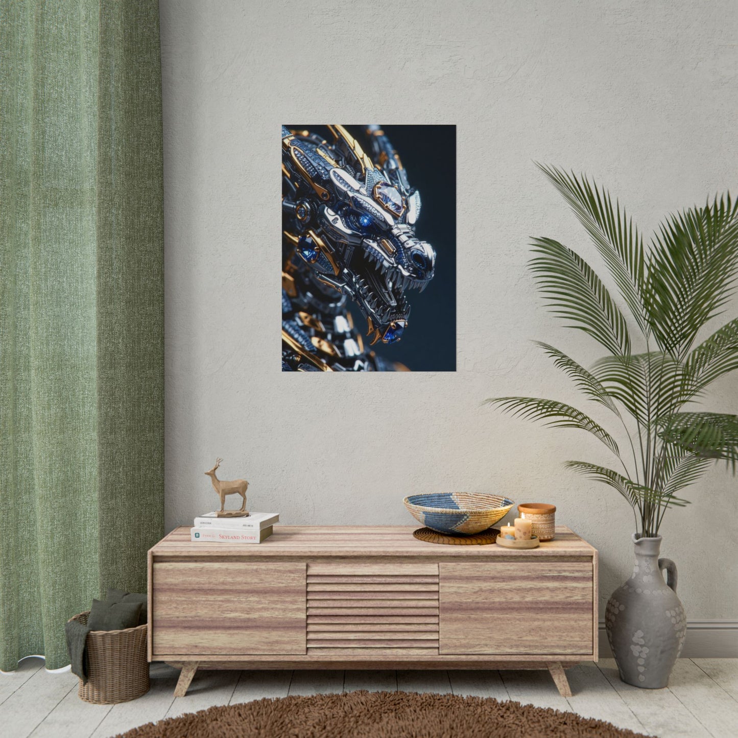 Mechanical Dragon Poster — Futuristic Gold & Blue Sci‑Fi Wall Art