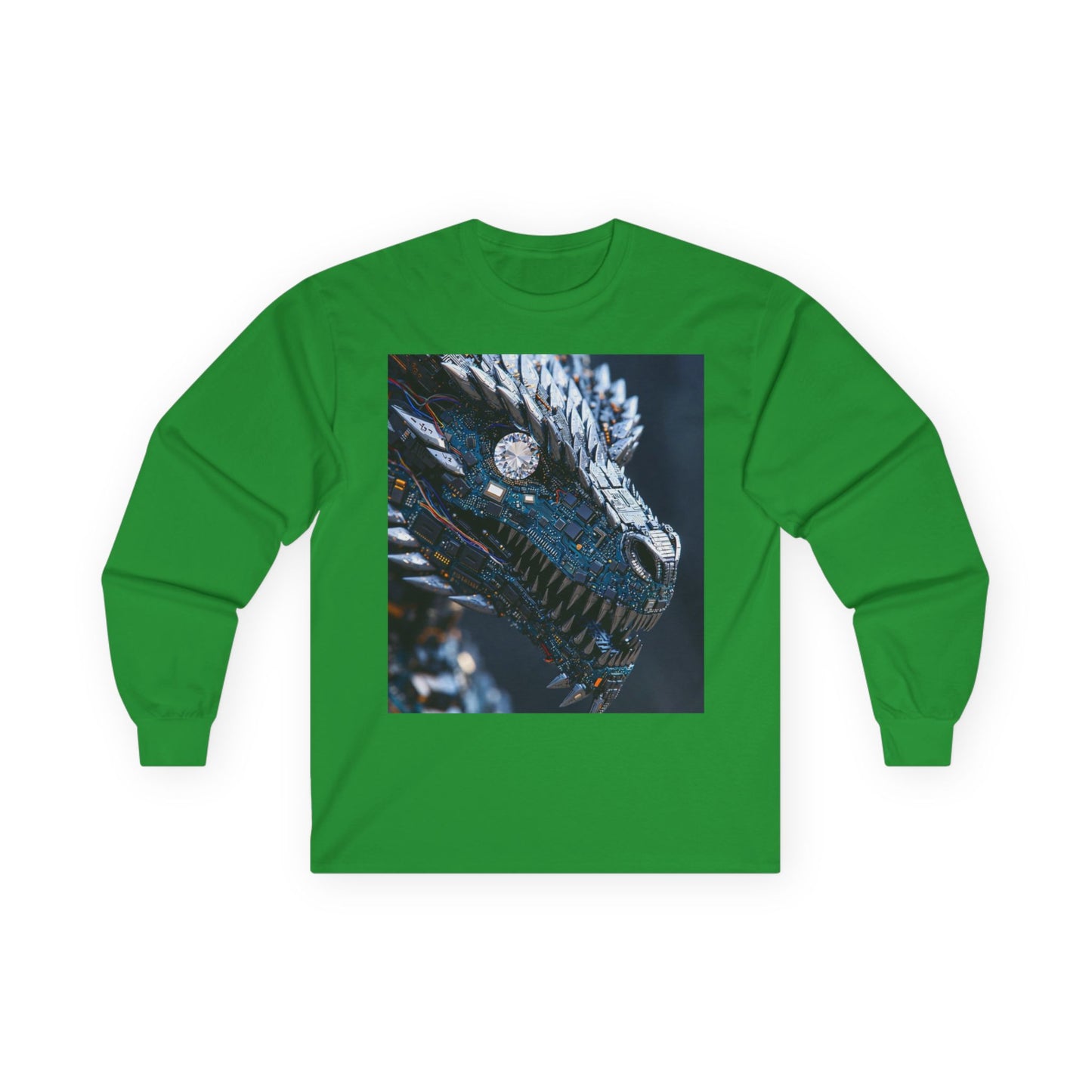 Dragon Head Graphic Long Sleeve Tee — Metallic Fantasy Artwork