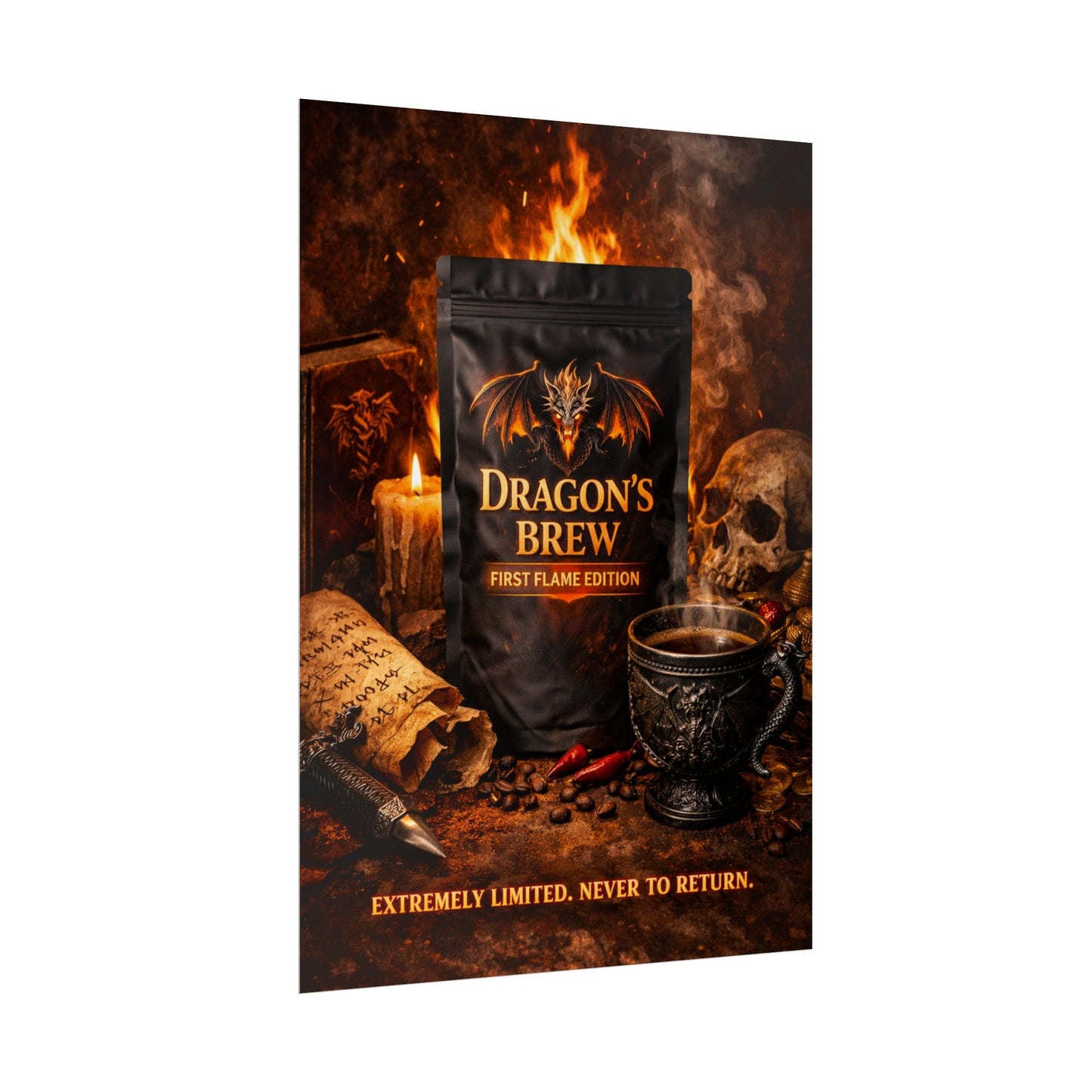 Rolled Poster — "Dragon's Brew: First Flame Edition" Fantasy Coffee Art Print