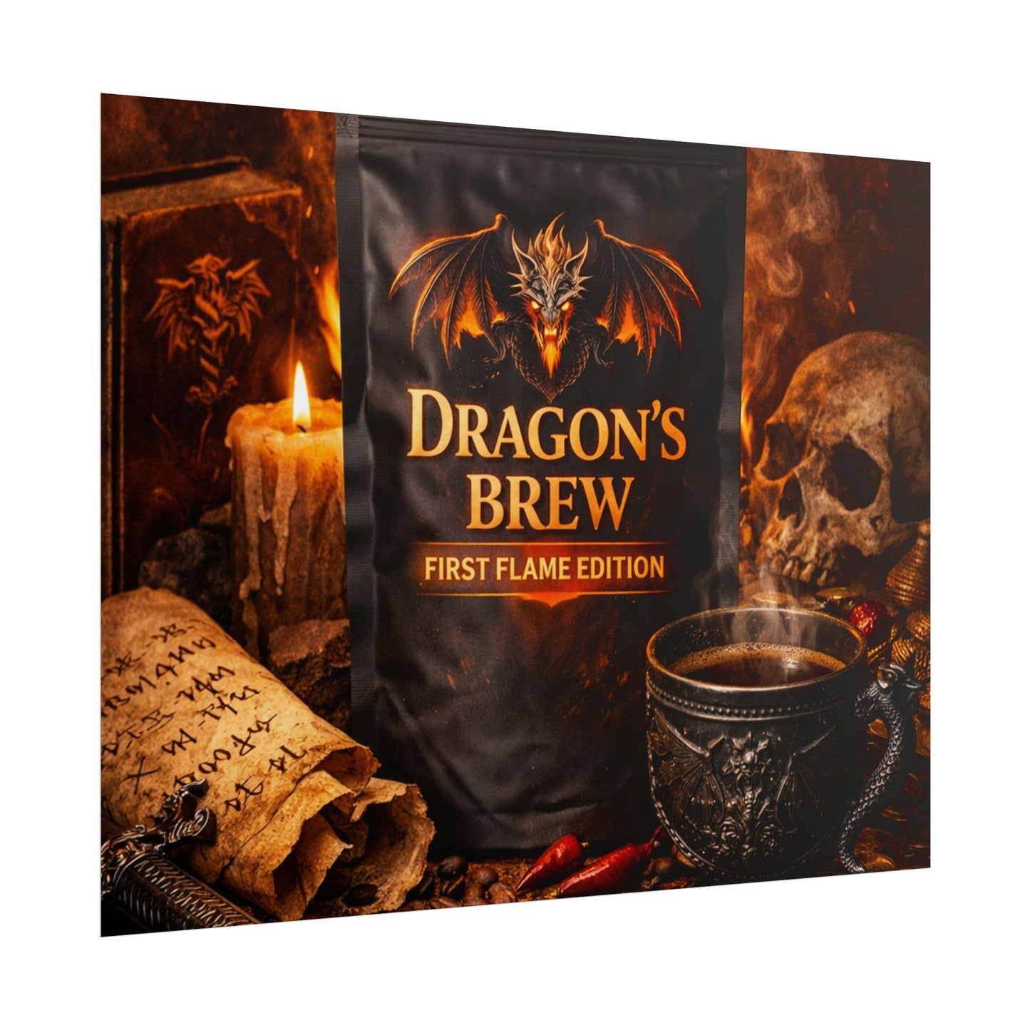 Rolled Poster — "Dragon's Brew: First Flame Edition" Fantasy Coffee Art Print