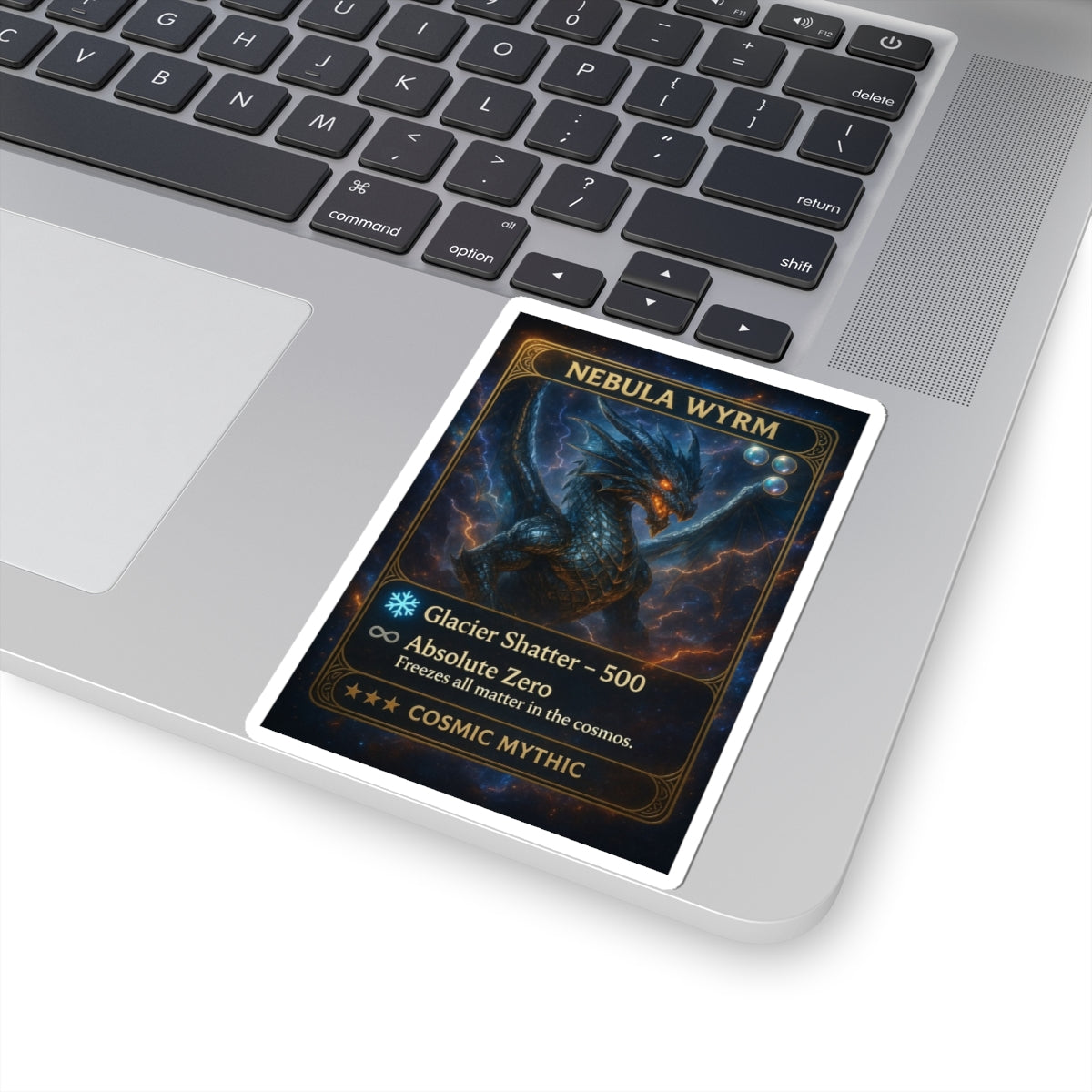 A Nebula Wyrm Trading Card Sticker – Cosmic Dragon Game Art Kiss-Cut Sticker