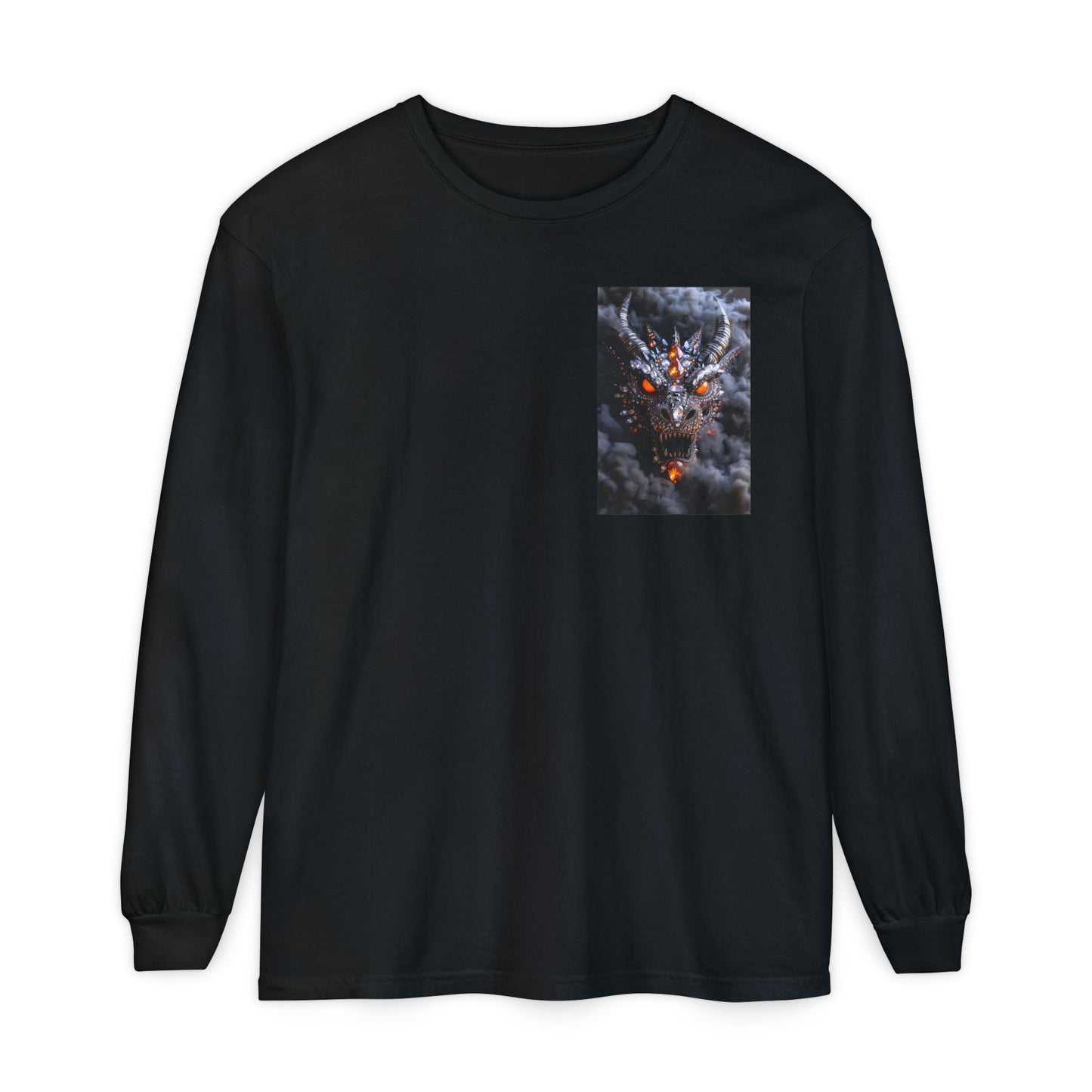 Long Sleeve T‑Shirt — Smoky Dragon Chest Print, Spooky Autumn Graphic