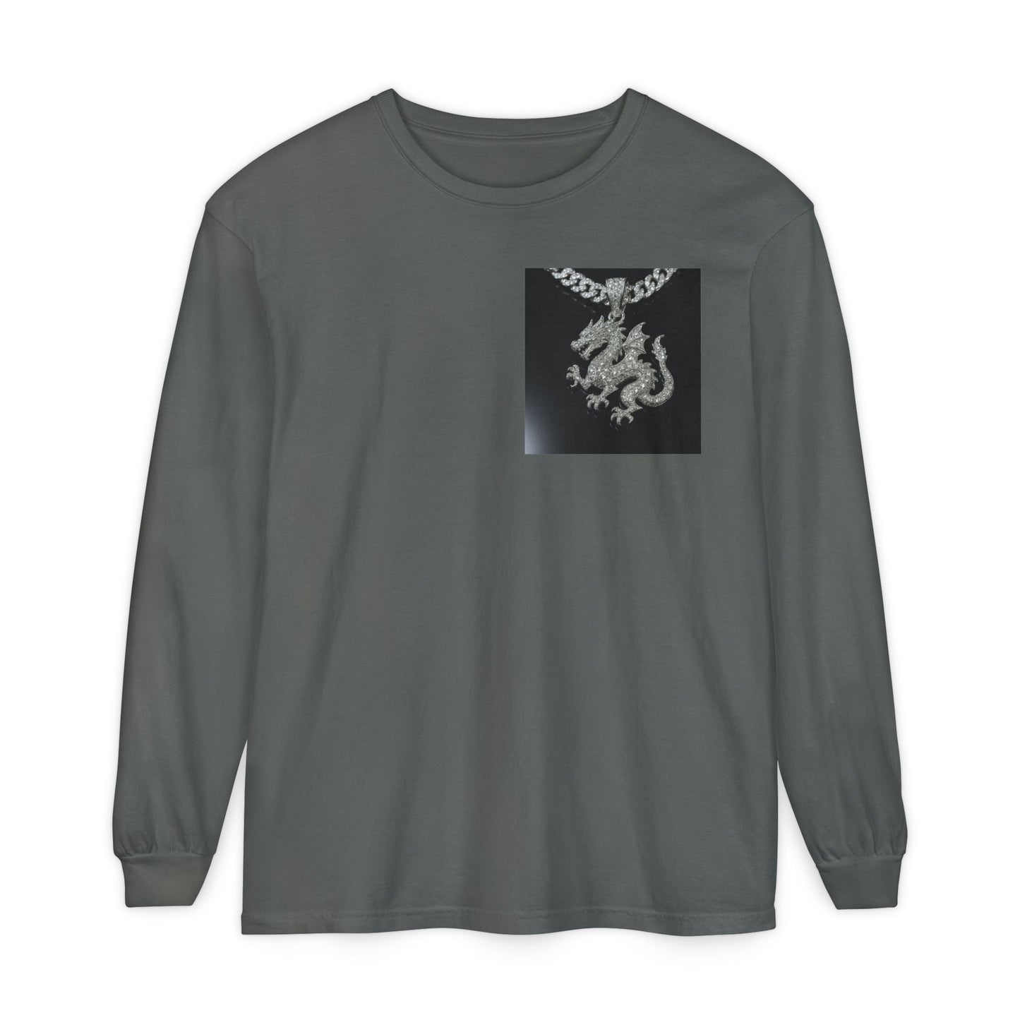 Dragon Pendant Long Sleeve T‑Shirt — Gothic Silver Chain Graphic