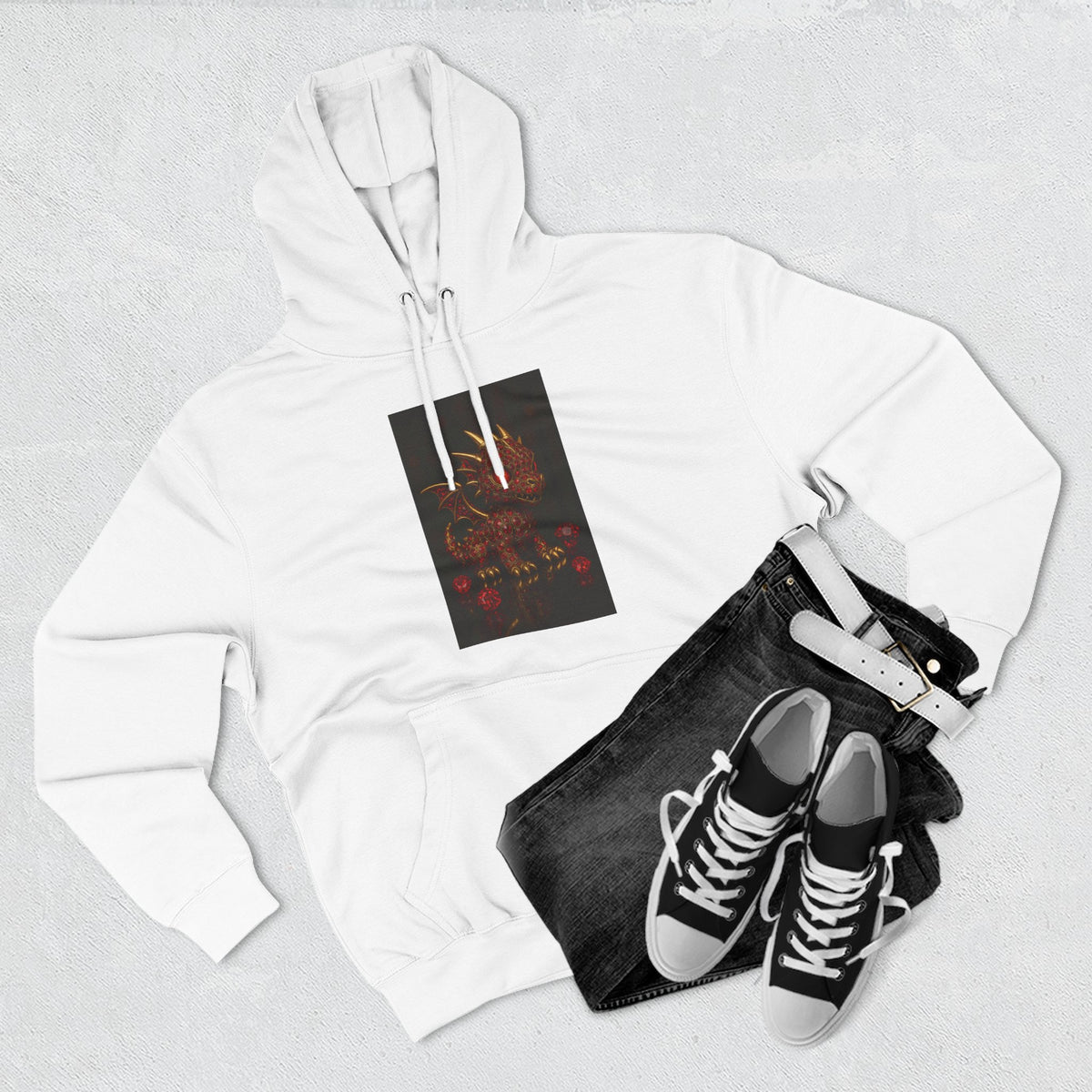 A RUBY RED Dragon Swirl Fleece Hoodie - Three-Panel Design for Fantasy Lovers