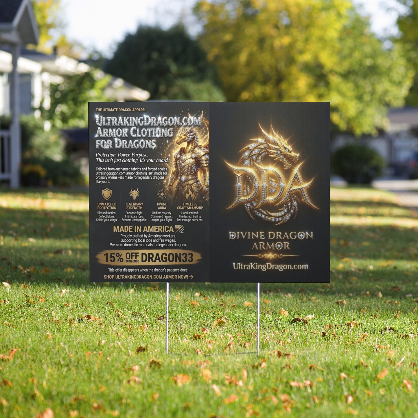 Divine Dragon Armor Yard Sign — Gold Dragon Logo Promotional Sign for UltrakIngDragon.com (15% OFF DRAGON33)