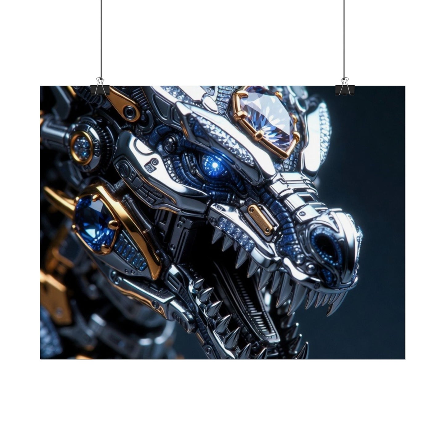 Mechanical Dragon Poster — Futuristic Gold & Blue Sci‑Fi Wall Art
