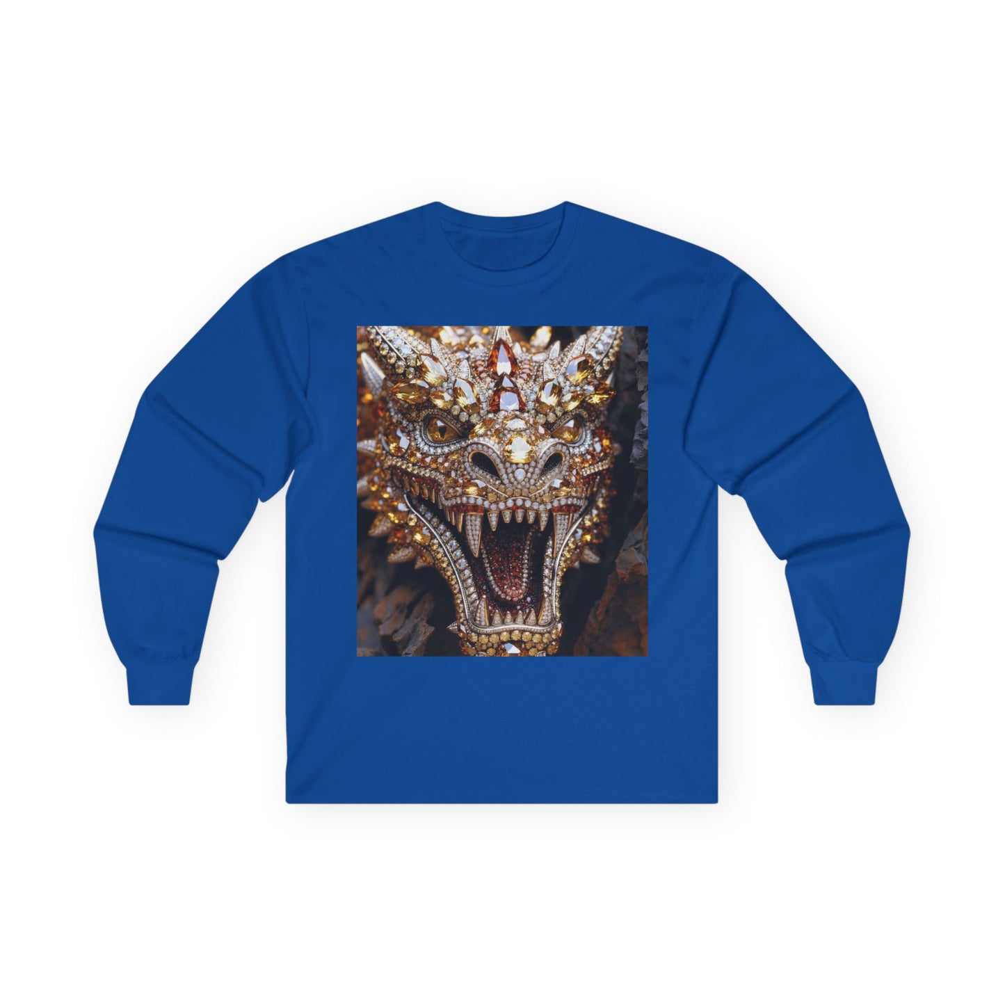 Dragon Mask Long Sleeve Tee — Ornate Fiery Dragon Face Graphic