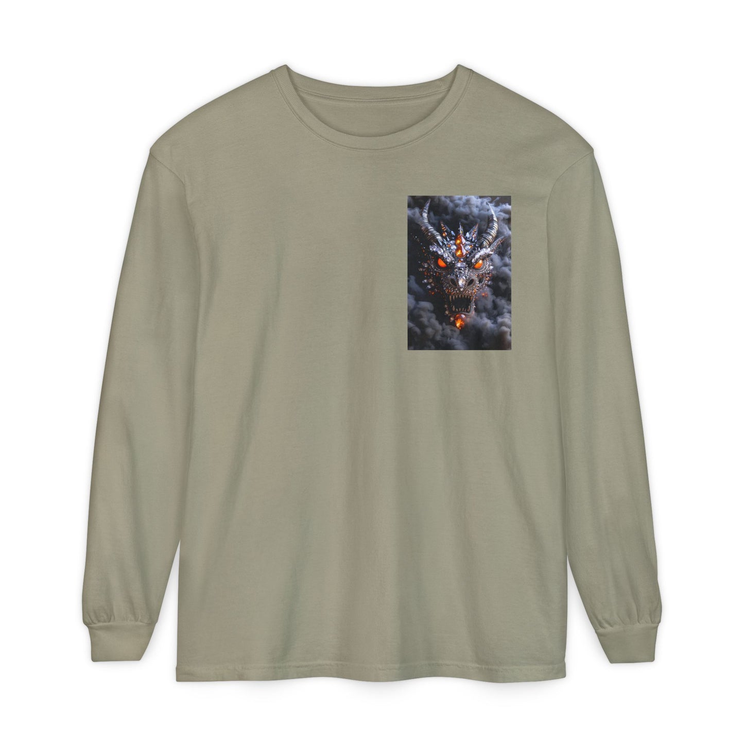 Long Sleeve T‑Shirt — Smoky Dragon Chest Print, Spooky Autumn Graphic