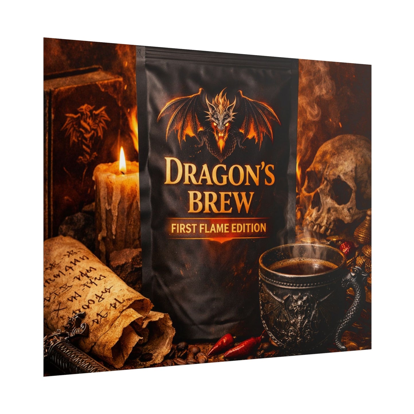 Rolled Poster — "Dragon's Brew: First Flame Edition" Fantasy Coffee Art Print