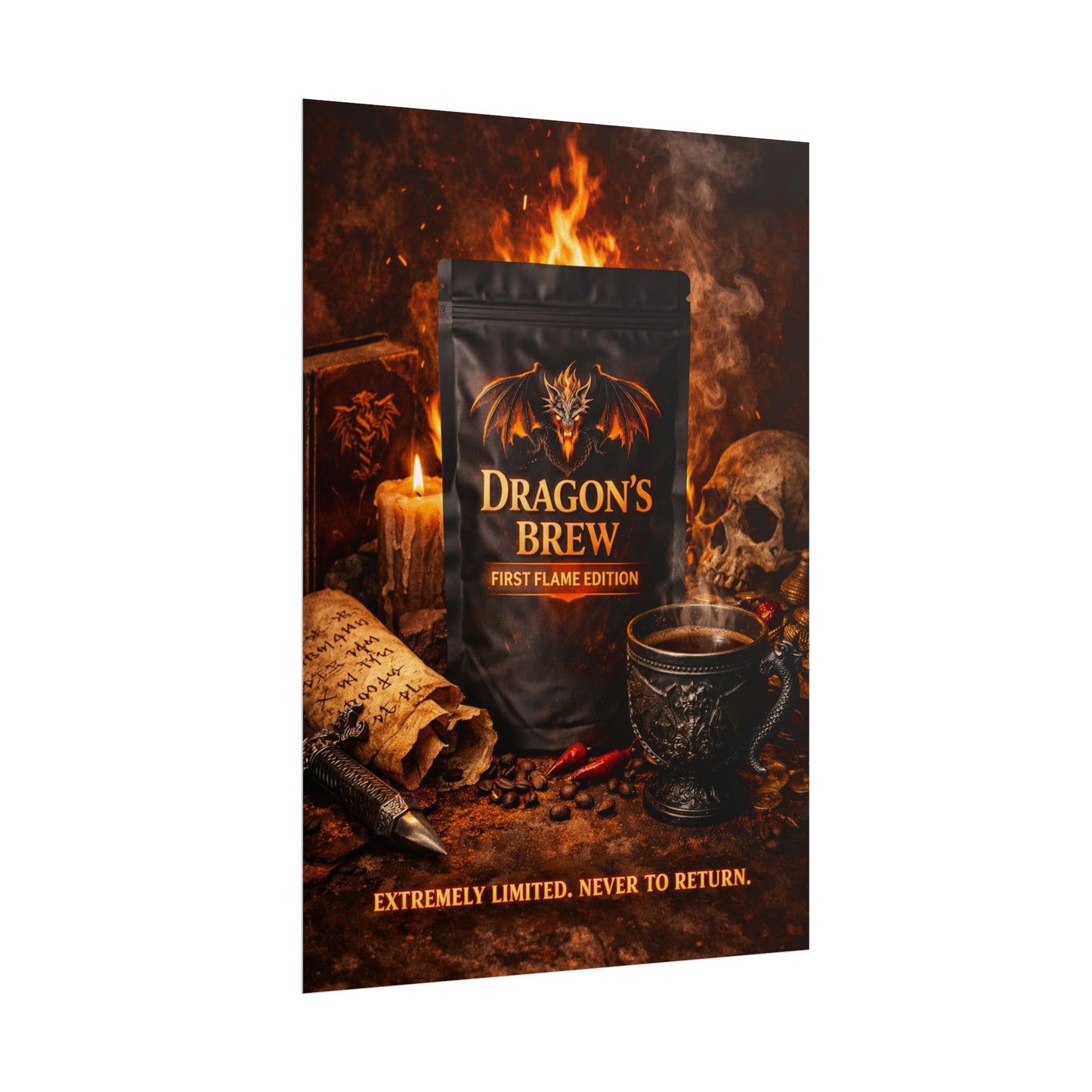 Rolled Poster — "Dragon's Brew: First Flame Edition" Fantasy Coffee Art Print