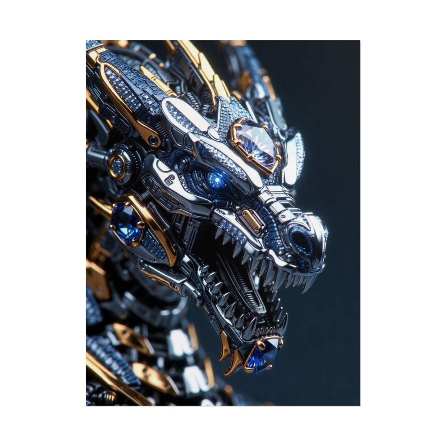 Mechanical Dragon Poster — Futuristic Gold & Blue Sci‑Fi Wall Art