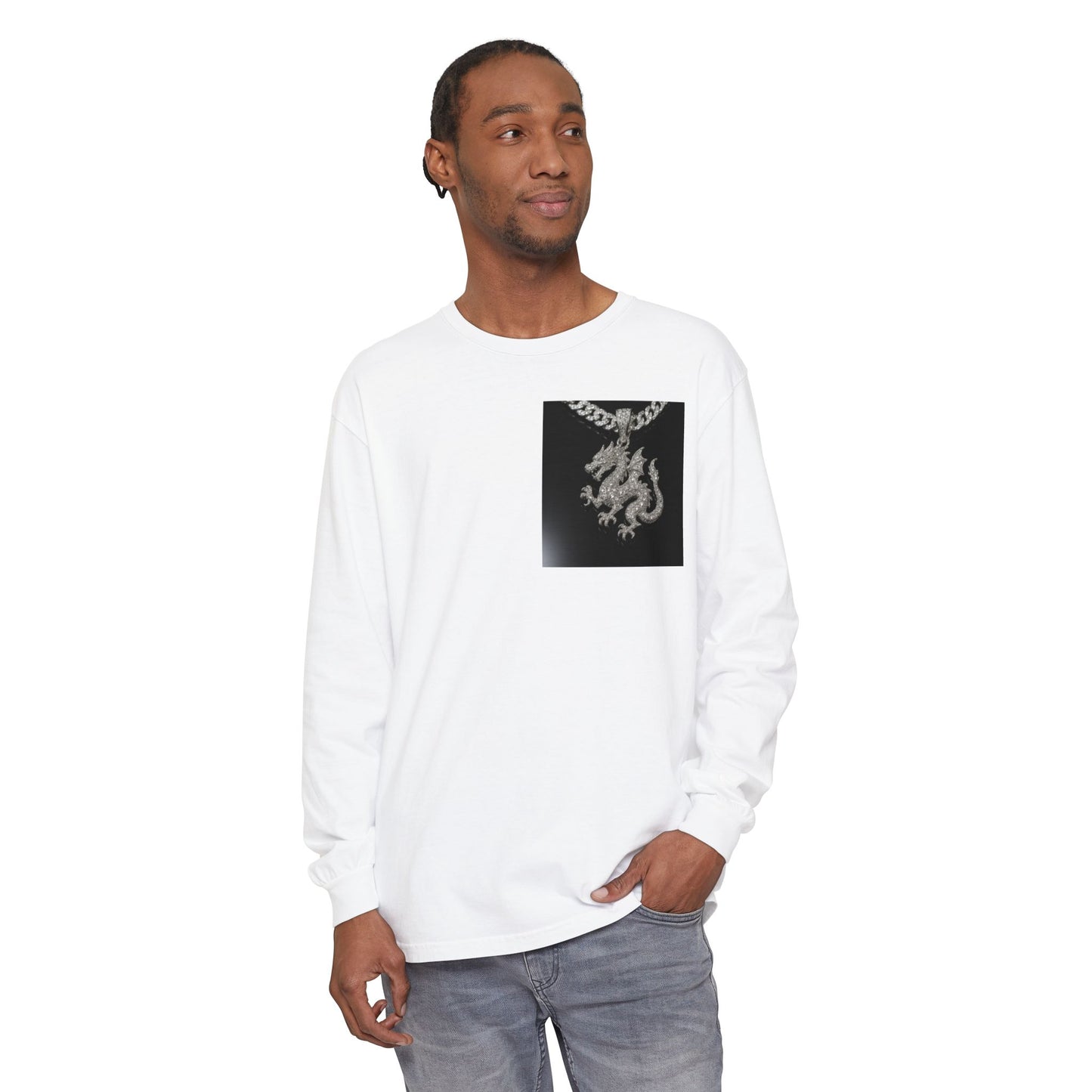 Dragon Pendant Long Sleeve T‑Shirt — Gothic Silver Chain Graphic