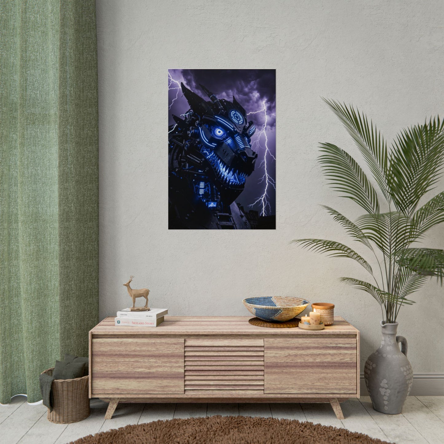 CyberDragon Storm Poster — Futuristic Mech Wolf Art Print (Rolled Poster)