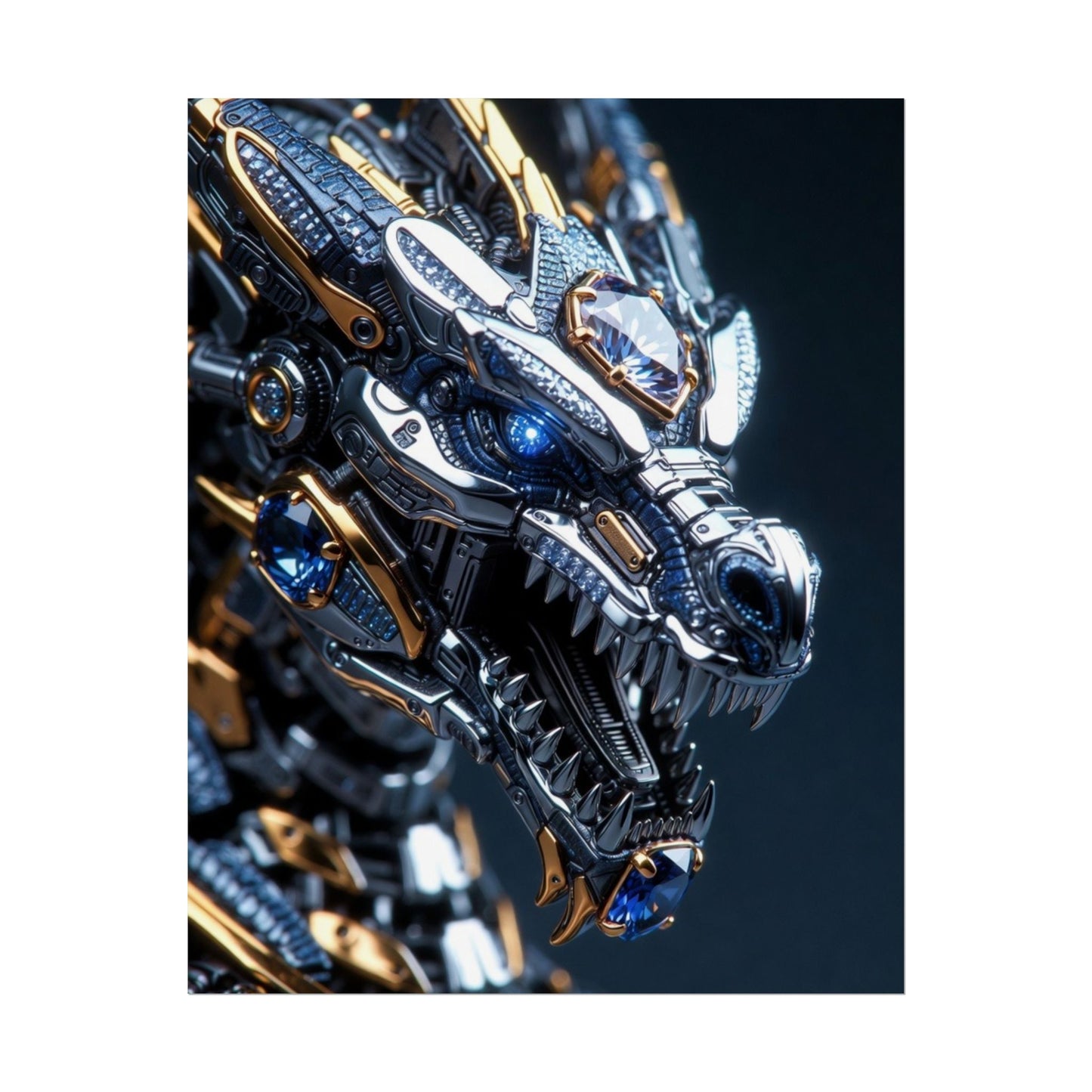 Mechanical Dragon Poster — Futuristic Gold & Blue Sci‑Fi Wall Art