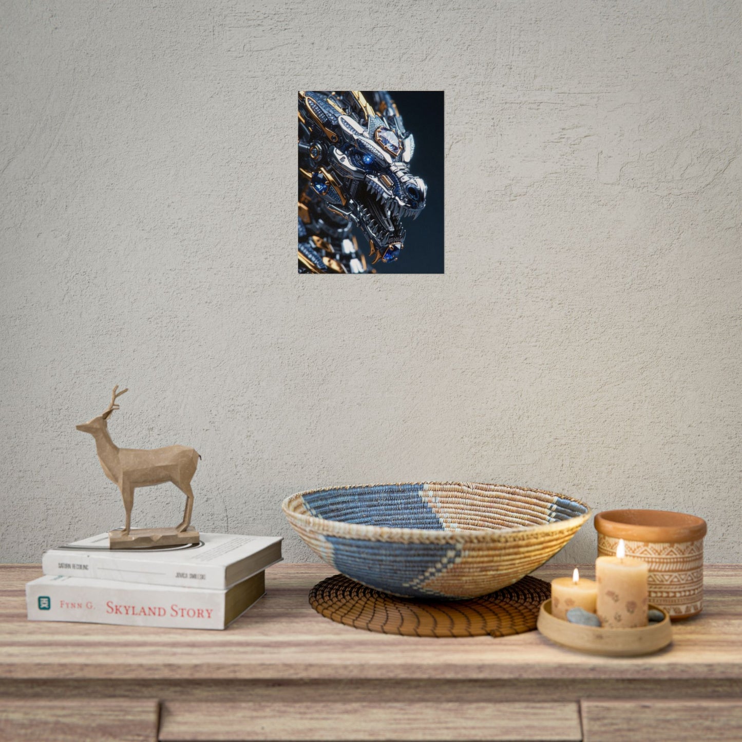 Mechanical Dragon Poster — Futuristic Gold & Blue Sci‑Fi Wall Art