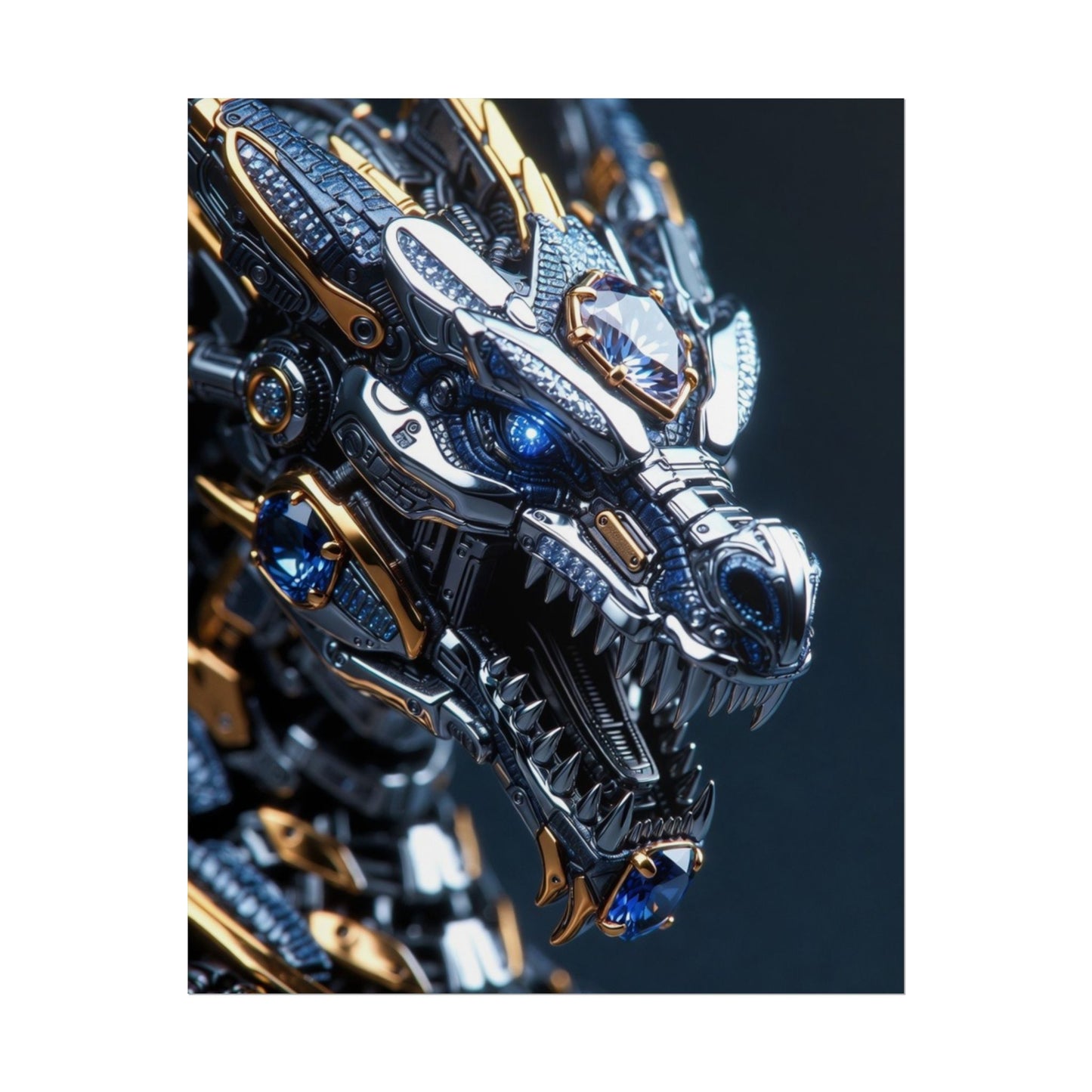 Mechanical Dragon Poster — Futuristic Gold & Blue Sci‑Fi Wall Art
