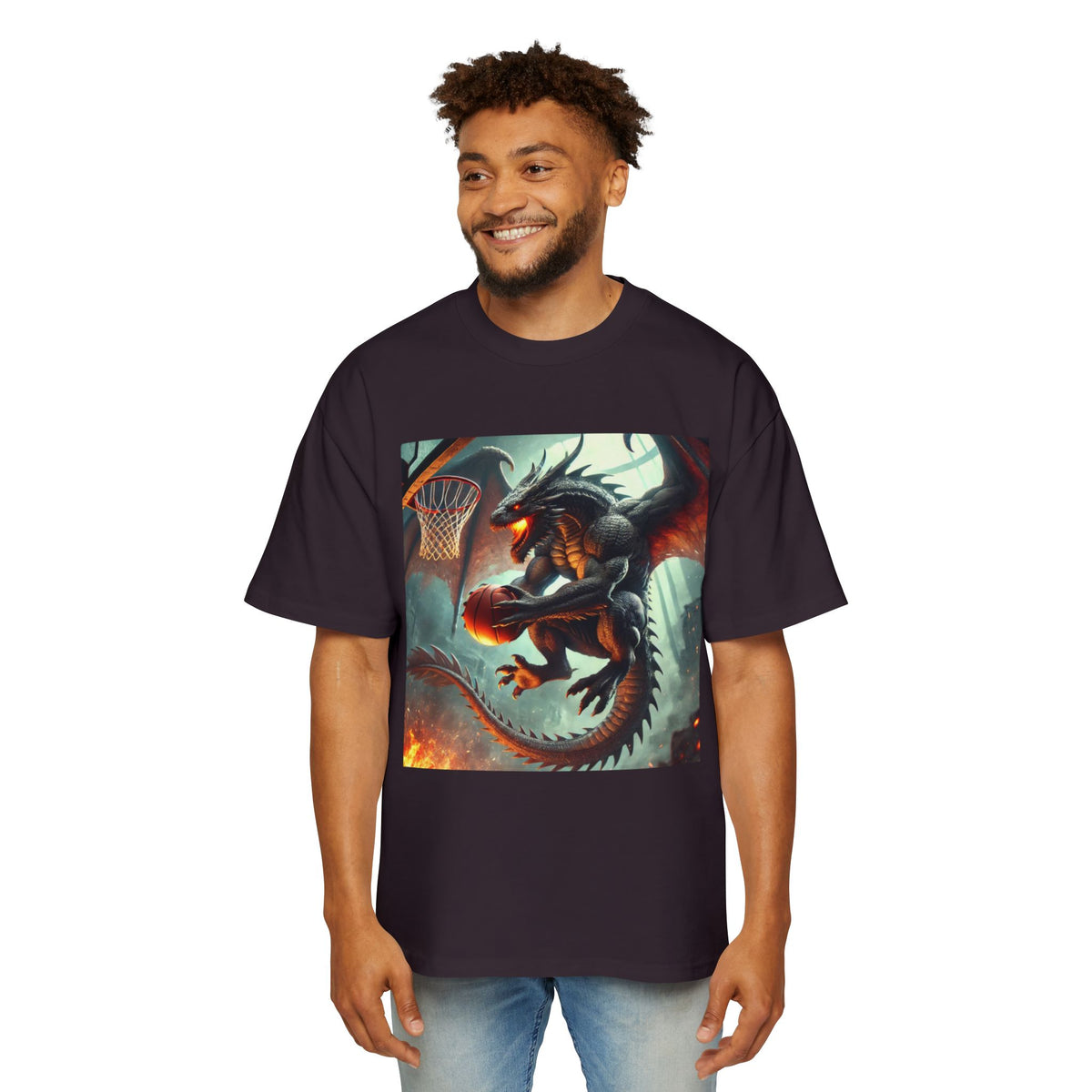 A Men's Fantasy Dragon Basketball Tee - Oversized Graphic Shirt, Streetwear Style, Casual Outfit, Gift for Him, Unique Art Tee