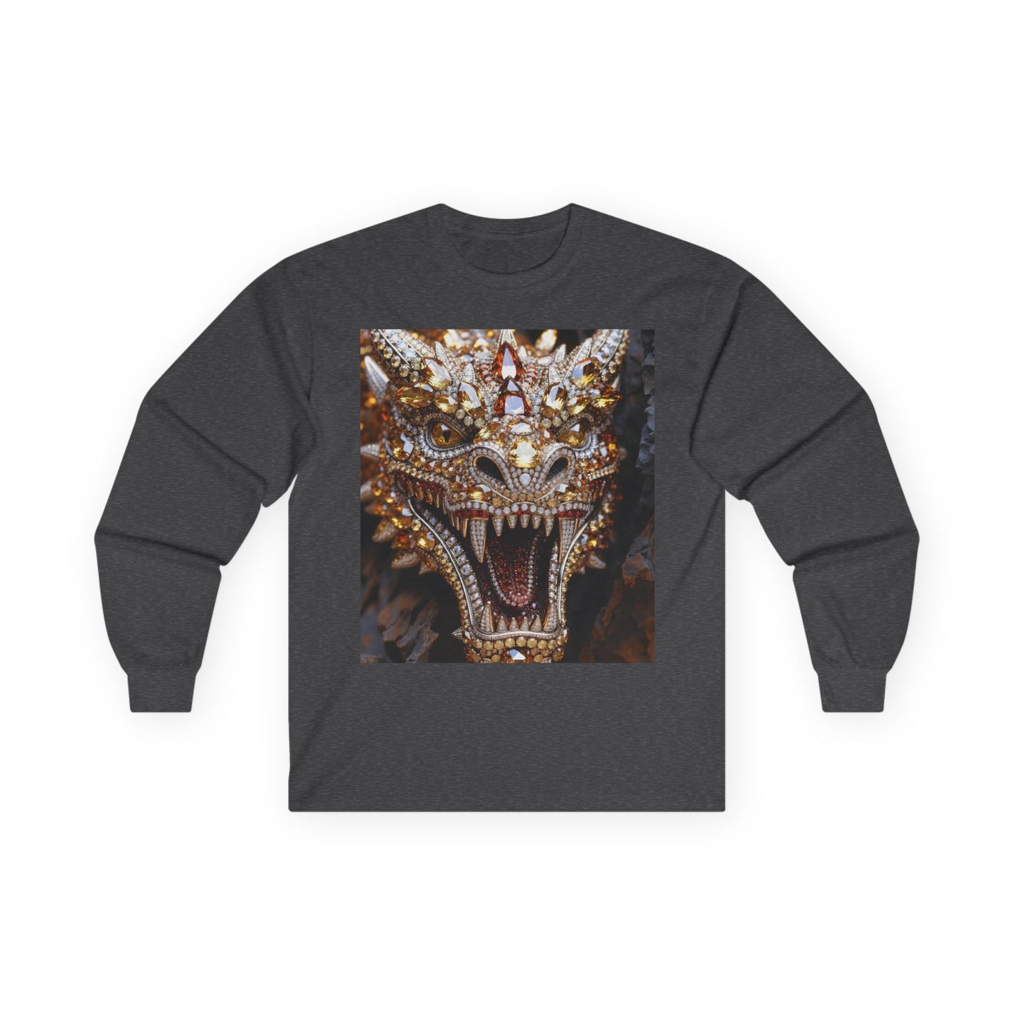Dragon Mask Long Sleeve Tee — Ornate Fiery Dragon Face Graphic