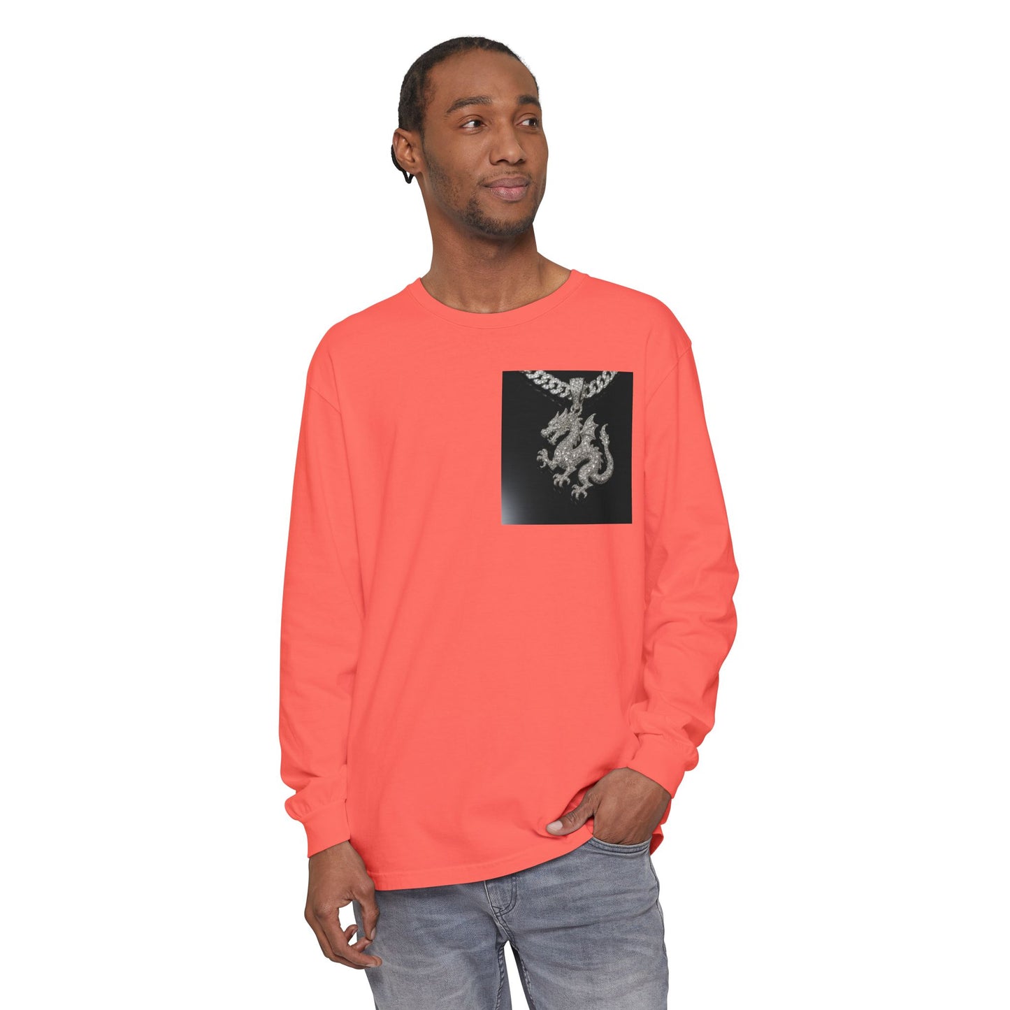 Dragon Pendant Long Sleeve T‑Shirt — Gothic Silver Chain Graphic