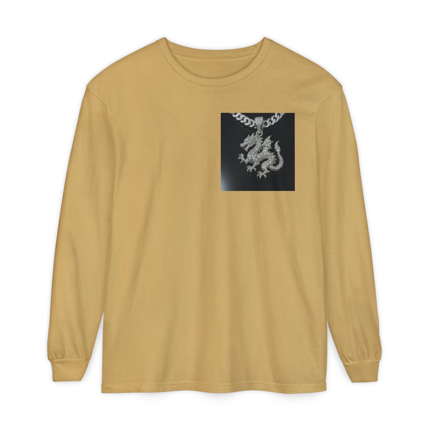 Dragon Pendant Long Sleeve T‑Shirt — Gothic Silver Chain Graphic