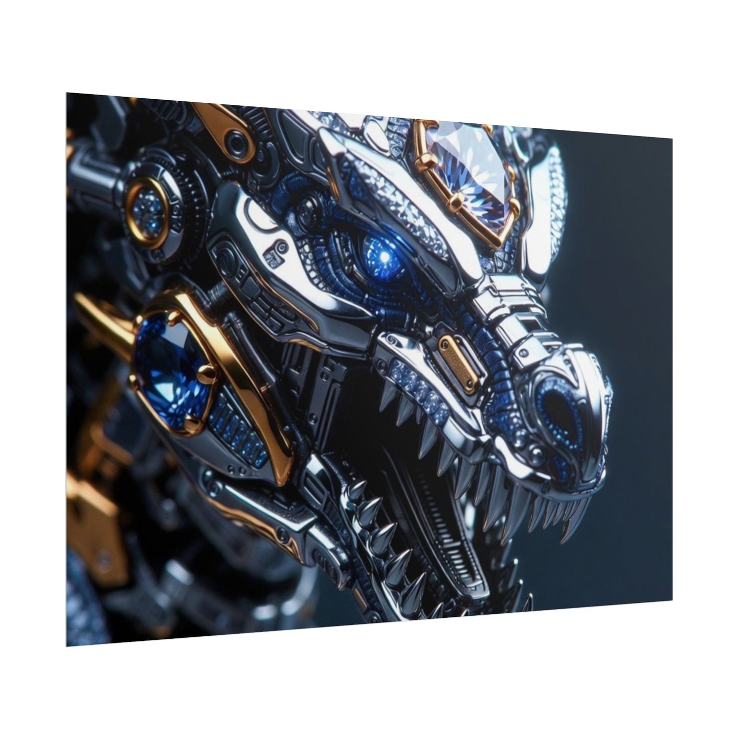 Mechanical Dragon Poster — Futuristic Gold & Blue Sci‑Fi Wall Art