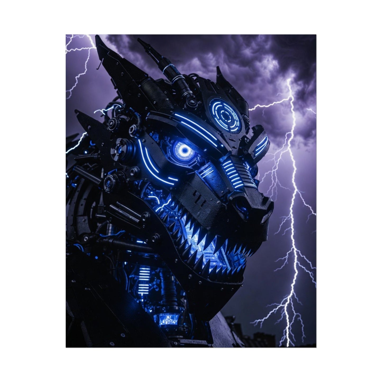 CyberDragon Storm Poster — Futuristic Mech Wolf Art Print (Rolled Poster)
