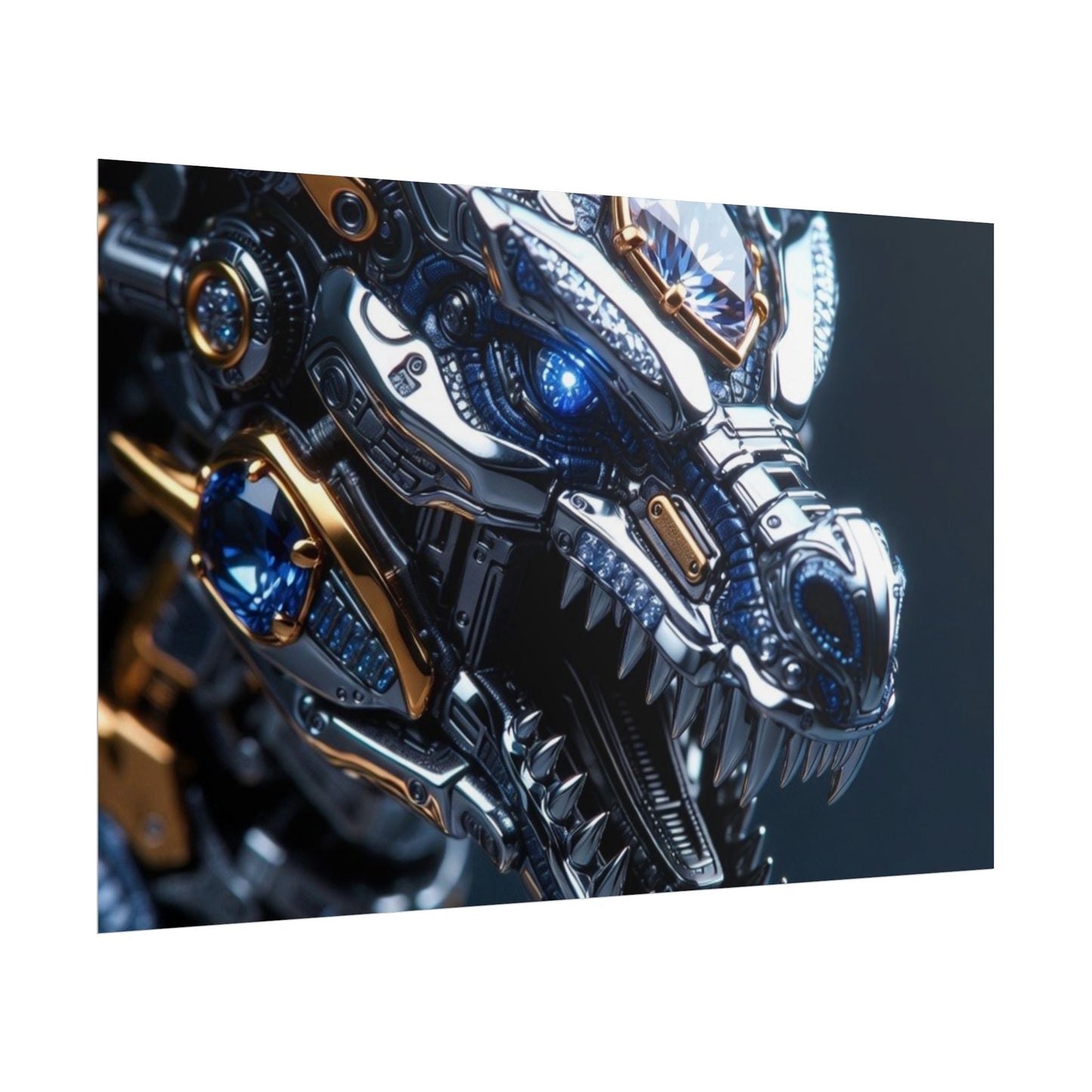 Mechanical Dragon Poster — Futuristic Gold & Blue Sci‑Fi Wall Art