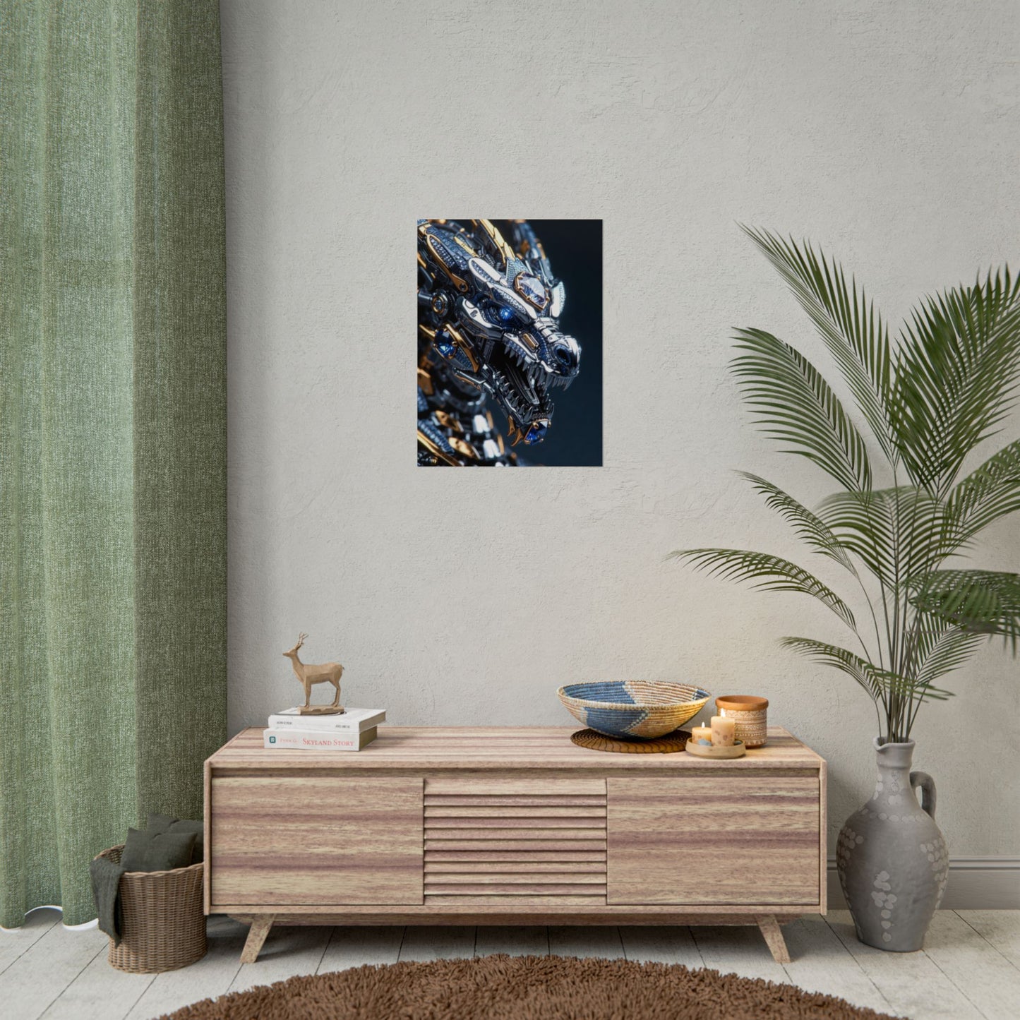 Mechanical Dragon Poster — Futuristic Gold & Blue Sci‑Fi Wall Art