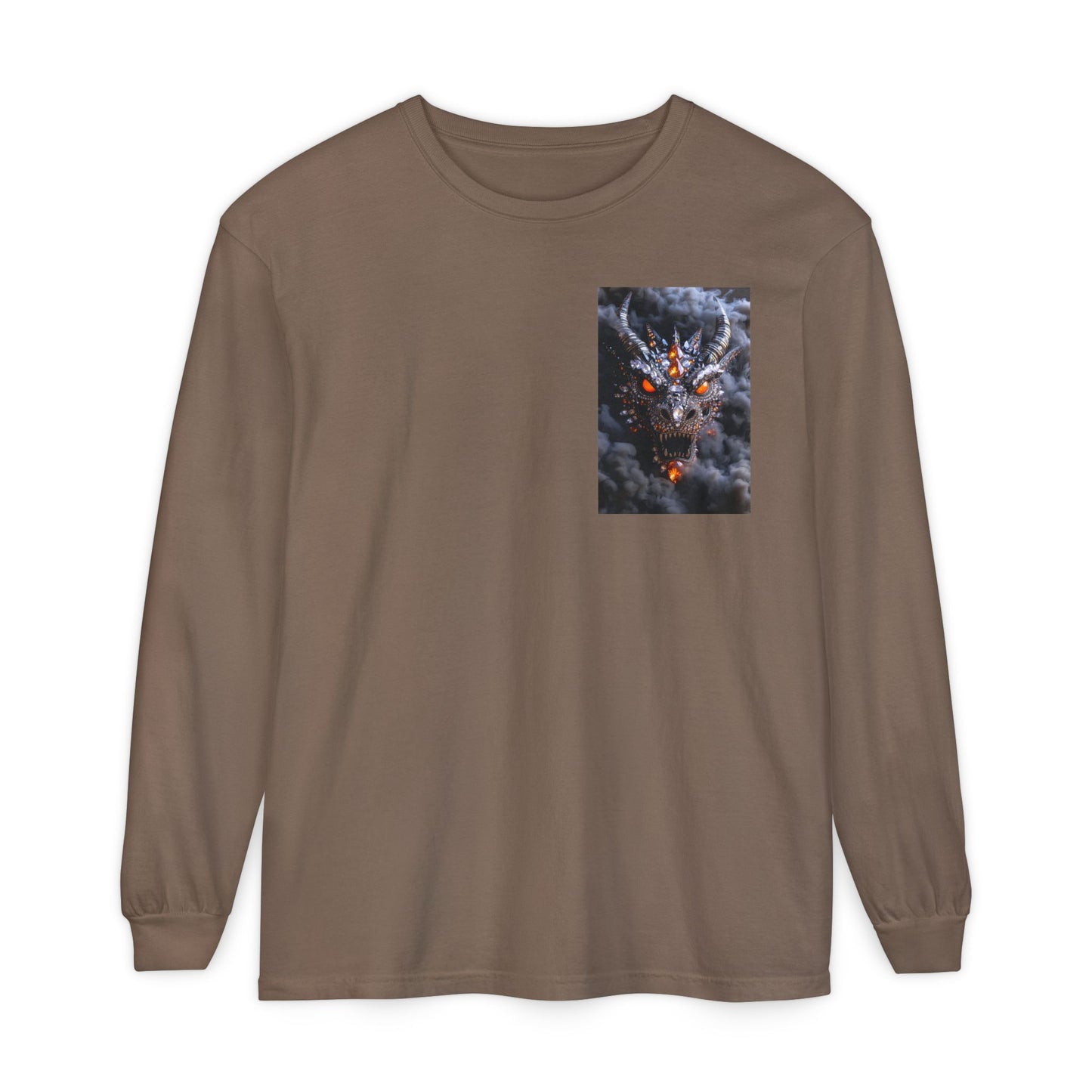 Long Sleeve T‑Shirt — Smoky Dragon Chest Print, Spooky Autumn Graphic